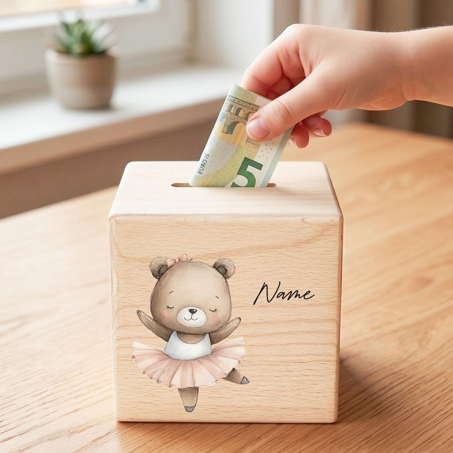 Spardose für Mädchen personalisierte Sparbox aus Holz mit Bär Geldgeschenk für Kinder