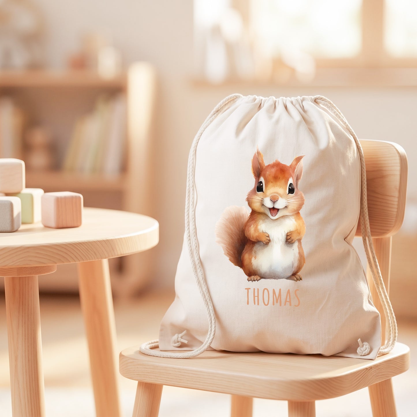 Eichhörnchen Turnbeutel Kinder personalisierter Sportbeutel für den Kindergarten Stoffbeutel mit Kordelzug