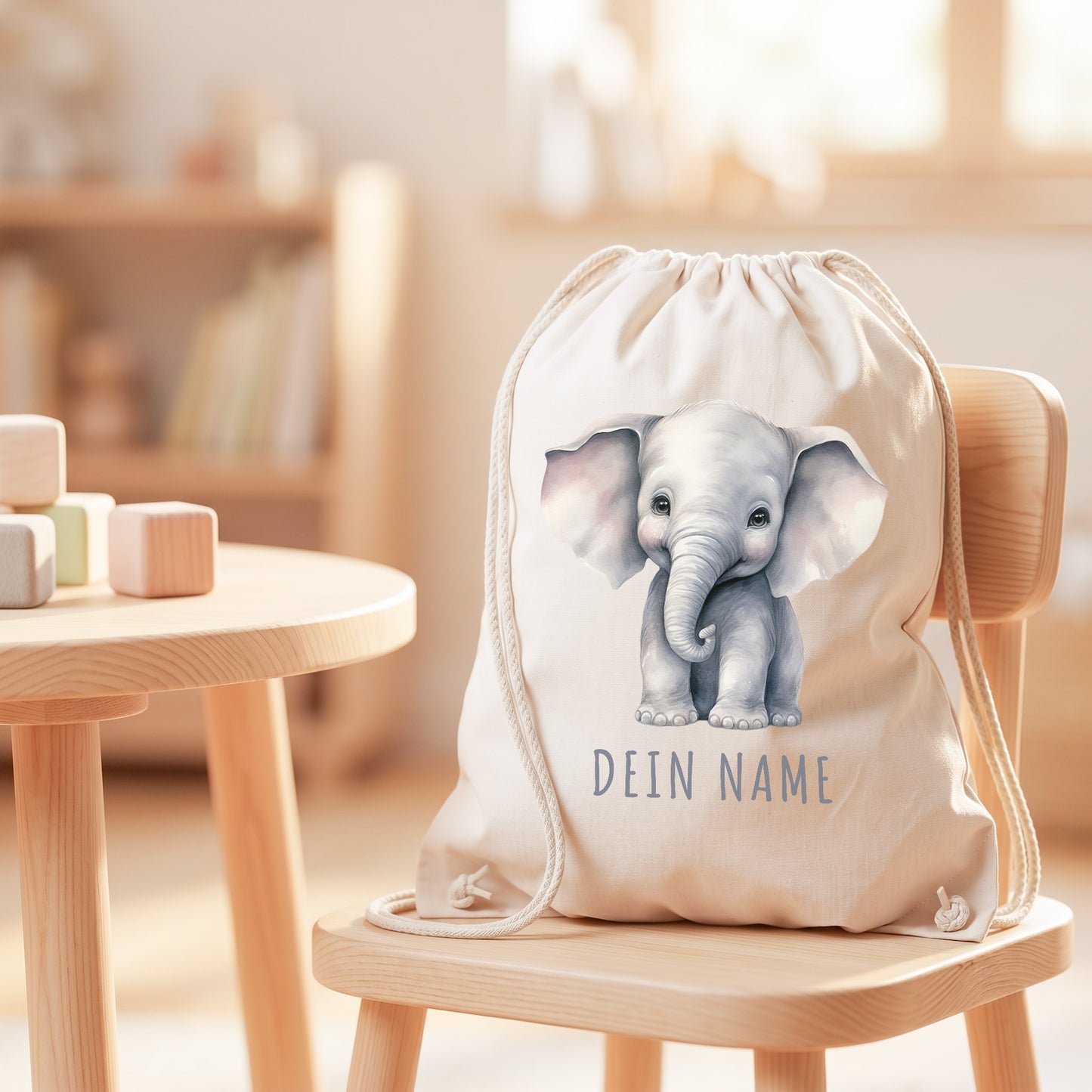 Elefant Turnbeutel Kinder personalisierter Sportbeutel für den Kindergarten Stoffbeutel mit Kordelzug