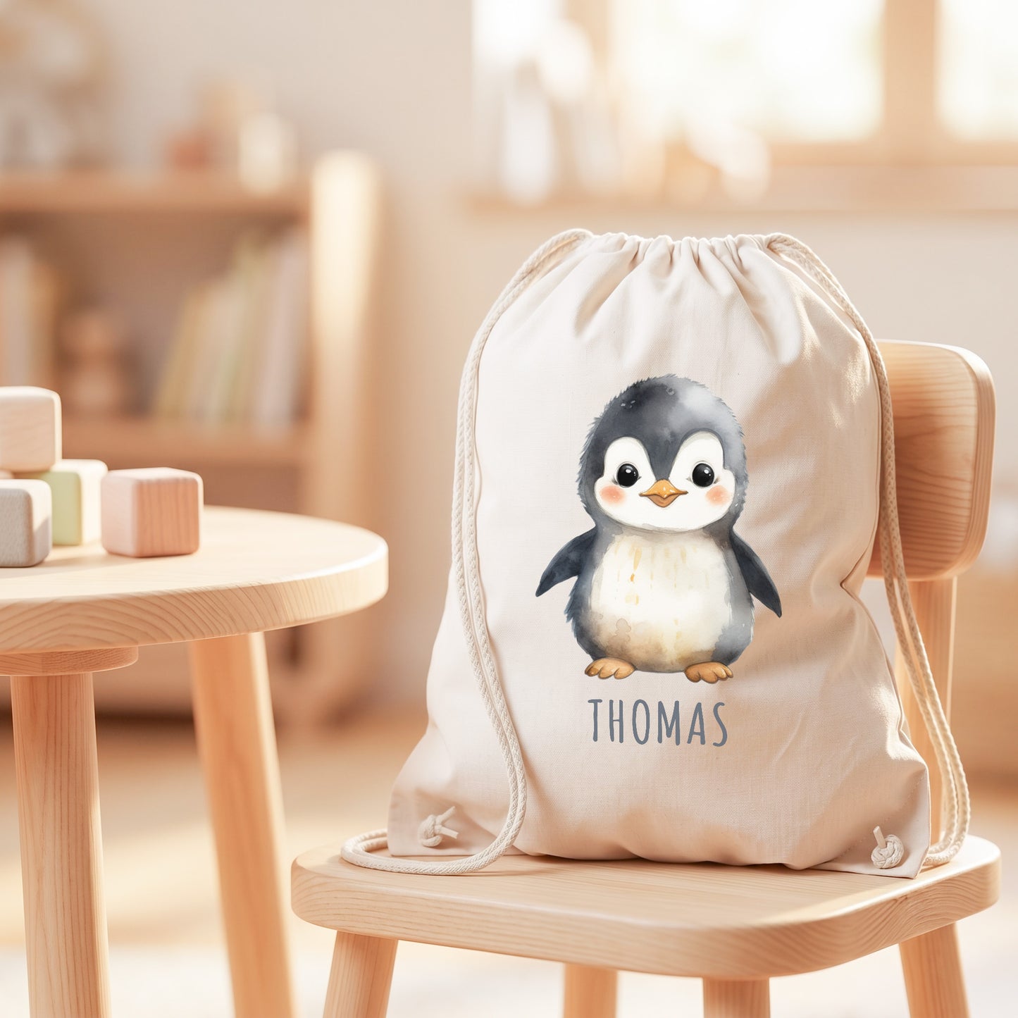 Pinguin Turnbeutel Kinder personalisierter Sportbeutel für den Kindergarten Stoffbeutel mit Kordelzug