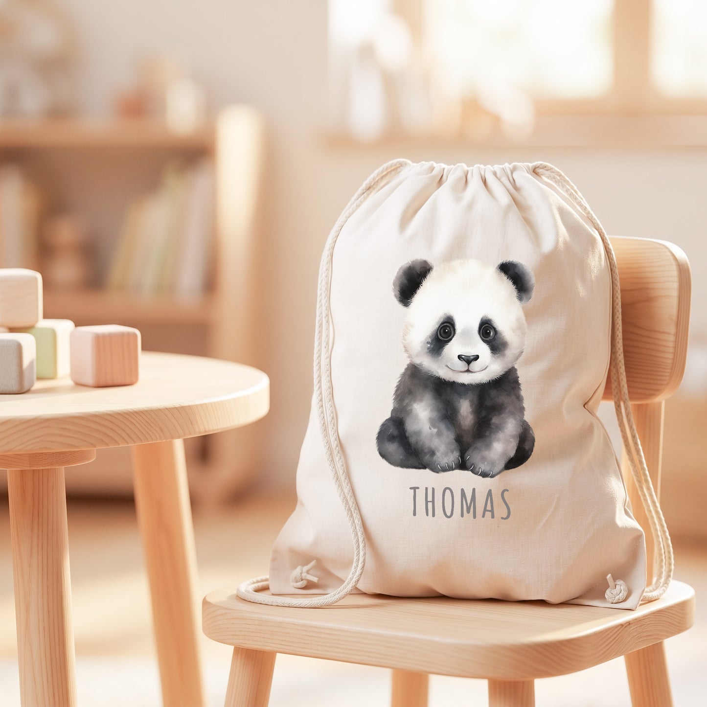 Panda Turnbeutel Kinder personalisierter Sportbeutel für den Kindergarten Stoffbeutel mit Kordelzug