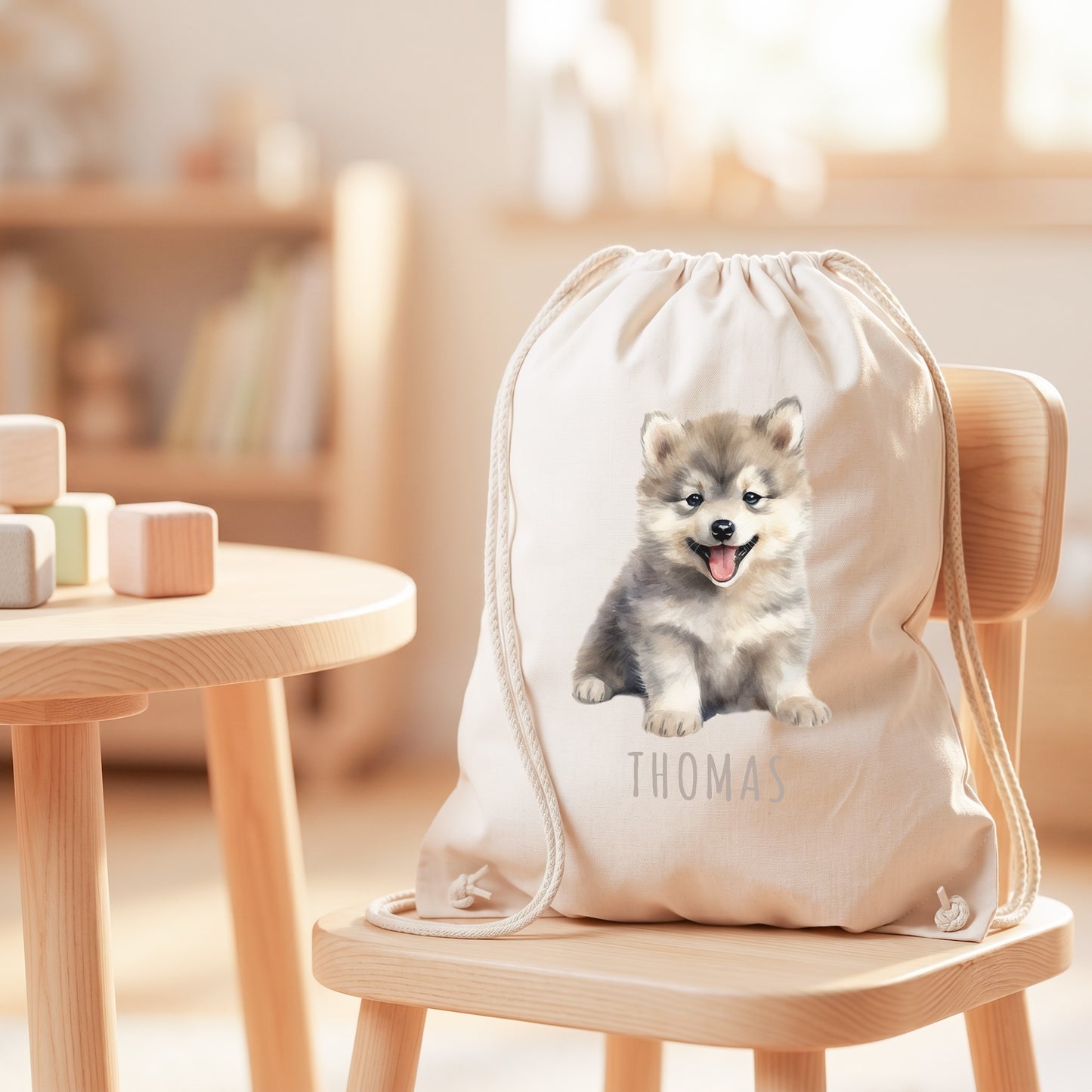 Wolf Turnbeutel Kinder personalisierter Sportbeutel für den Kindergarten Stoffbeutel mit Kordelzug