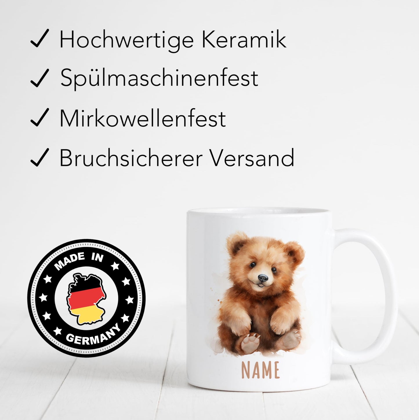 Bärchen Tasse Bär personalisierte Kindertasse mit Namen Bärentasse Namenstasse süßes Kinder Geschenk für Jungen & Mädchen Kaffeetasse Teetasse aus Keramik 330 ml (Bär)