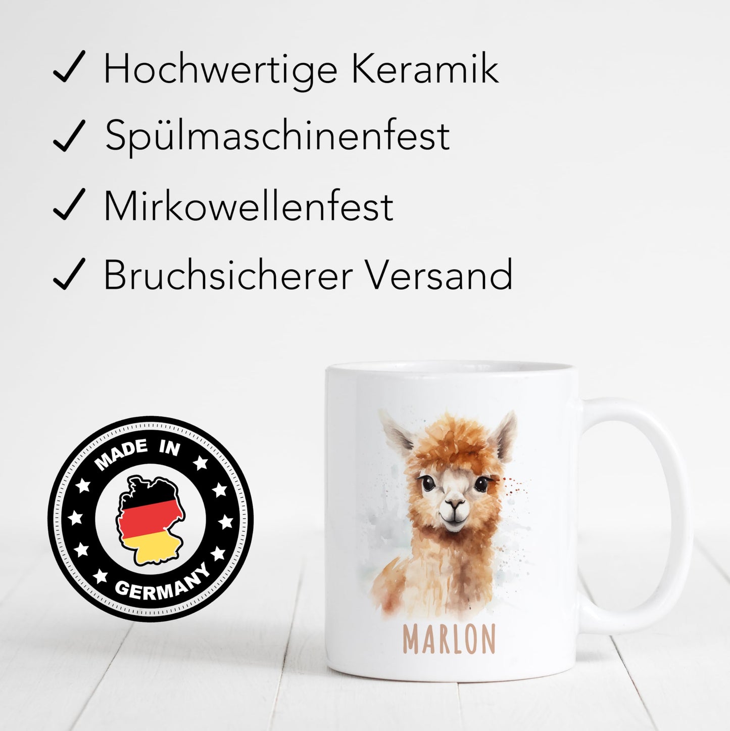 Alpaka Tasse personalisierte Kindertasse mit Namen Alpakatasse Namenstasse süßes Kinder Geschenk für Jungen & Mädchen Kaffeetasse Teetasse aus Keramik 330 ml