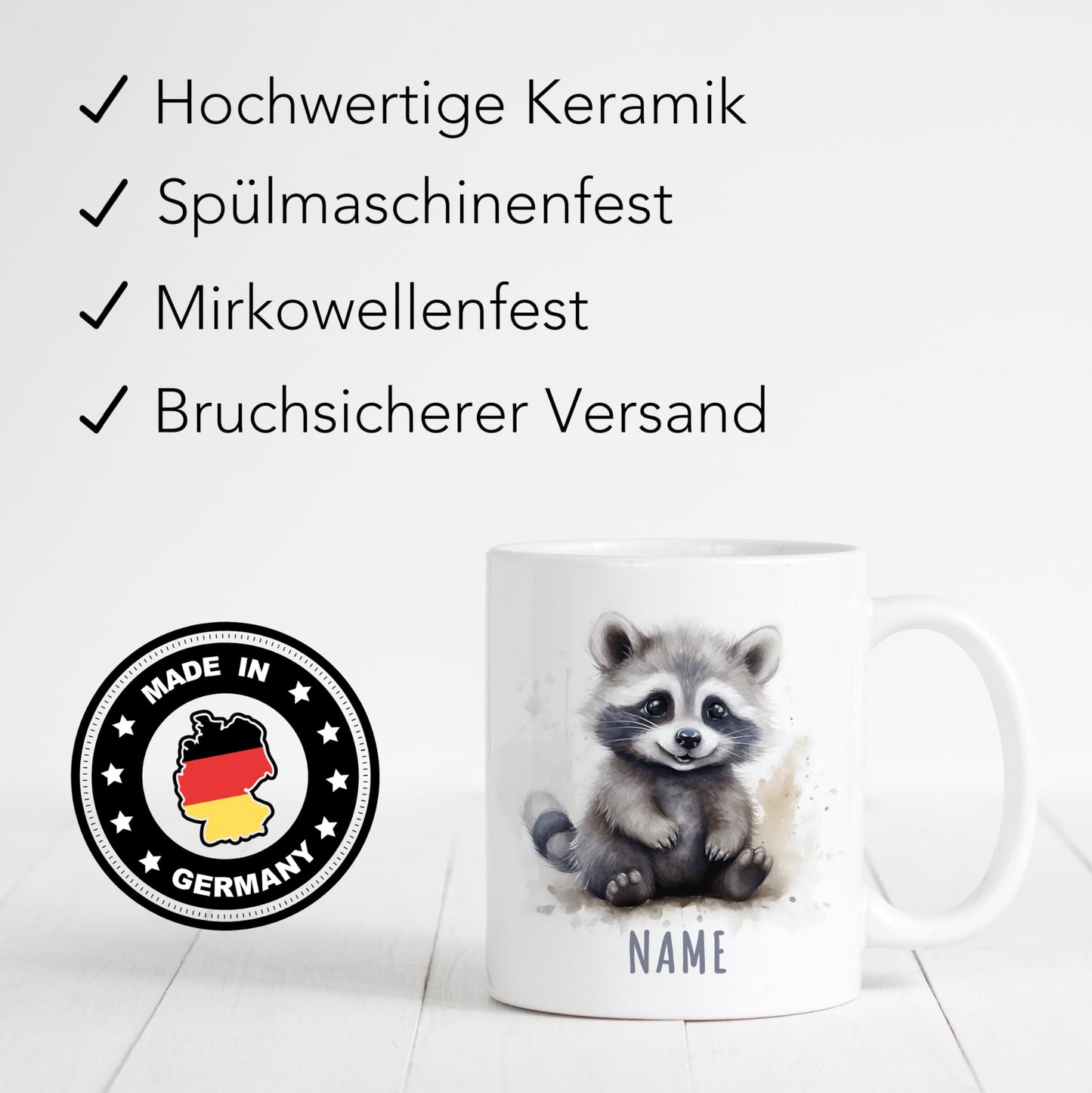 Waschbär Tasse personalisierte Kindertasse mit Namen Waschbärtasse Namenstasse süßes Kinder Geschenk für Jungen & Mädchen Kaffeetasse Teetasse aus Keramik 330 ml (Waschbär)