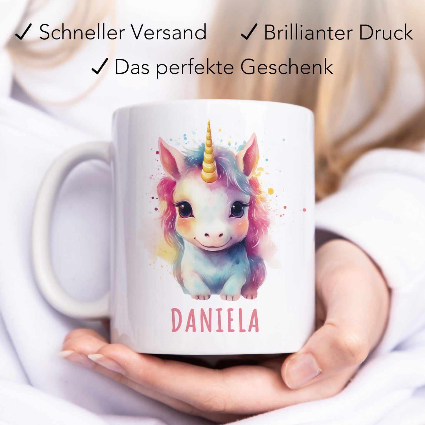 Einhorn Tasse personalisierte Kindertasse mit Namen Einhorntasse Namenstasse süßes Kinder Geschenk für Jungen & Mädchen Kaffeetasse Teetasse aus Keramik 330 ml