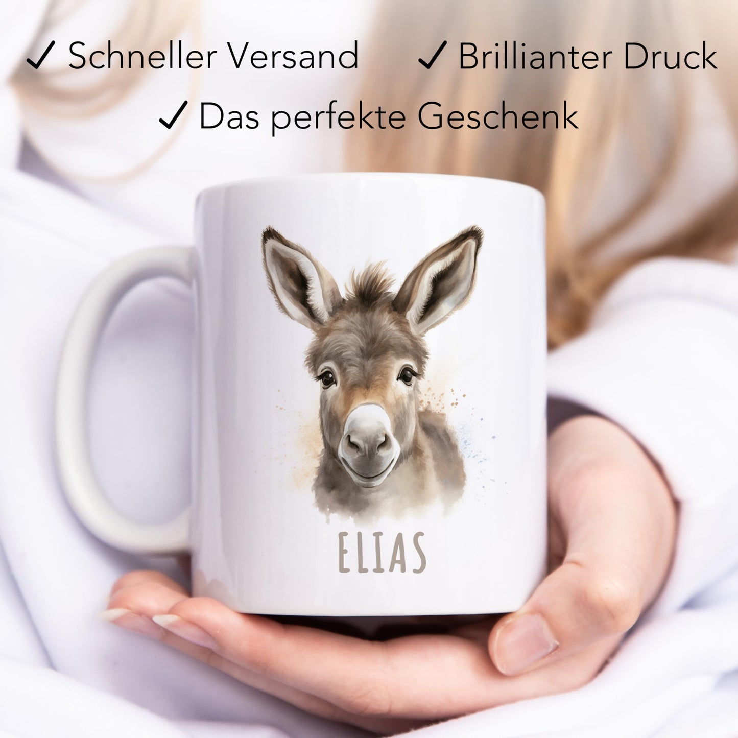 Esel Tasse personalisierte Kindertasse mit Namen Eseltasse Namenstasse süßes Kinder Geschenk für Jungen & Mädchen Kaffeetasse Teetasse aus Keramik 330 ml