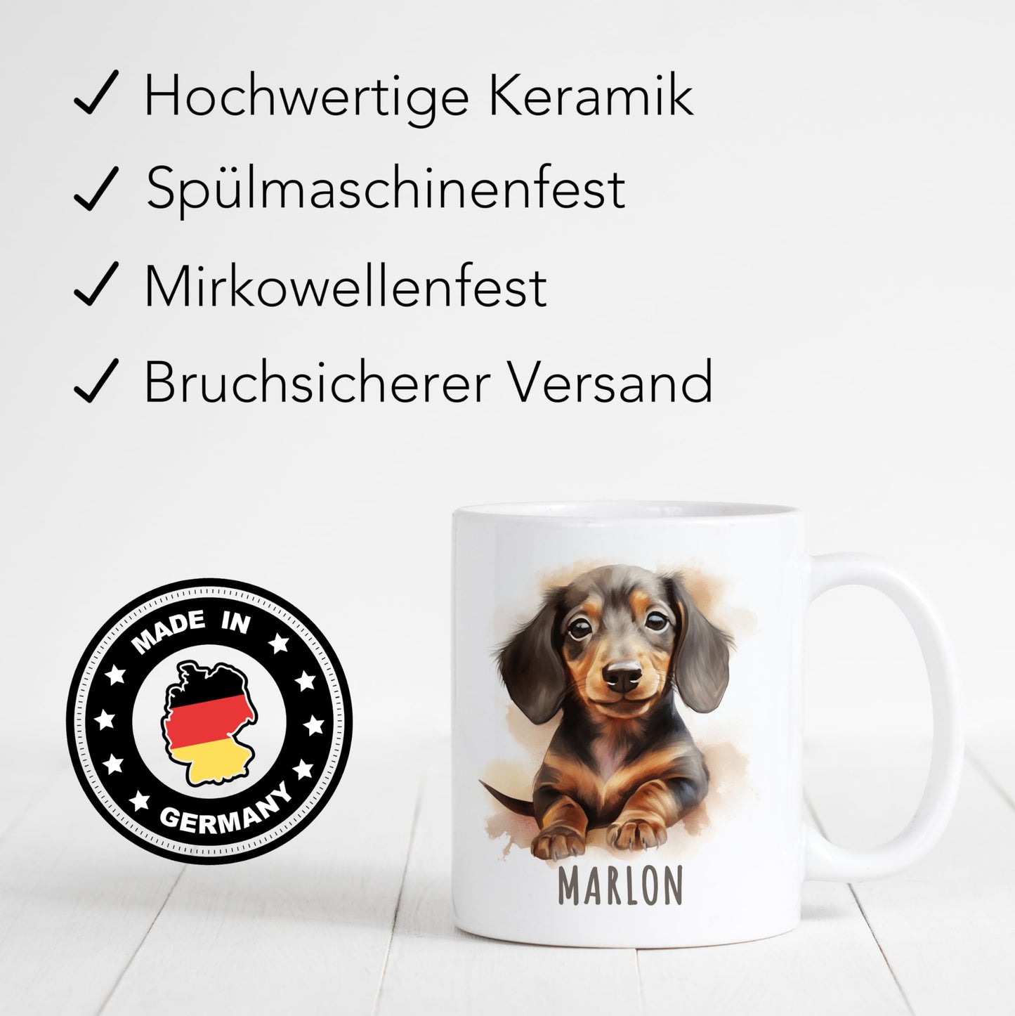 Dackel Tasse Hund personalisierte Kindertasse mit Namen Alpakatasse Namenstasse süßes Kinder Geschenk für Jungen & Mädchen Kaffeetasse Teetasse aus Keramik 330 ml (Dackel)