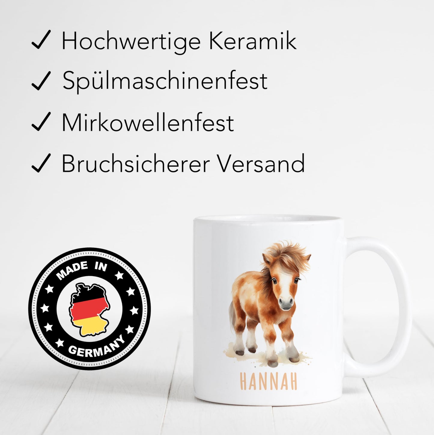 Pferd Tasse personalisierte Kindertasse mit Namen Pferdetasse Namenstasse süßes Kinder Geschenk für Jungen & Mädchen Kaffeetasse Teetasse aus Keramik 330 ml