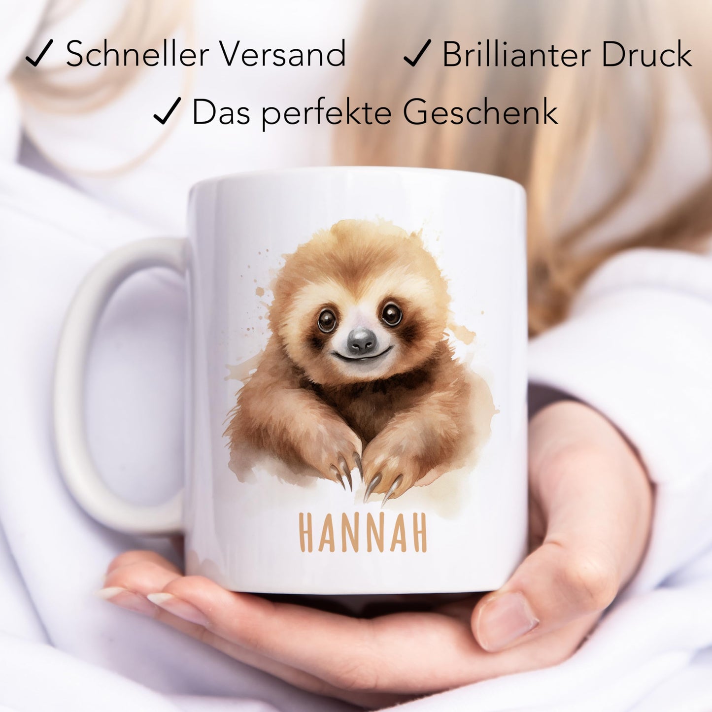 Faultier Tasse personalisierte Kindertasse mit Namen Faultiertasse Namenstasse süßes Kinder Geschenk für Jungen & Mädchen Kaffeetasse Teetasse aus Keramik 330 ml