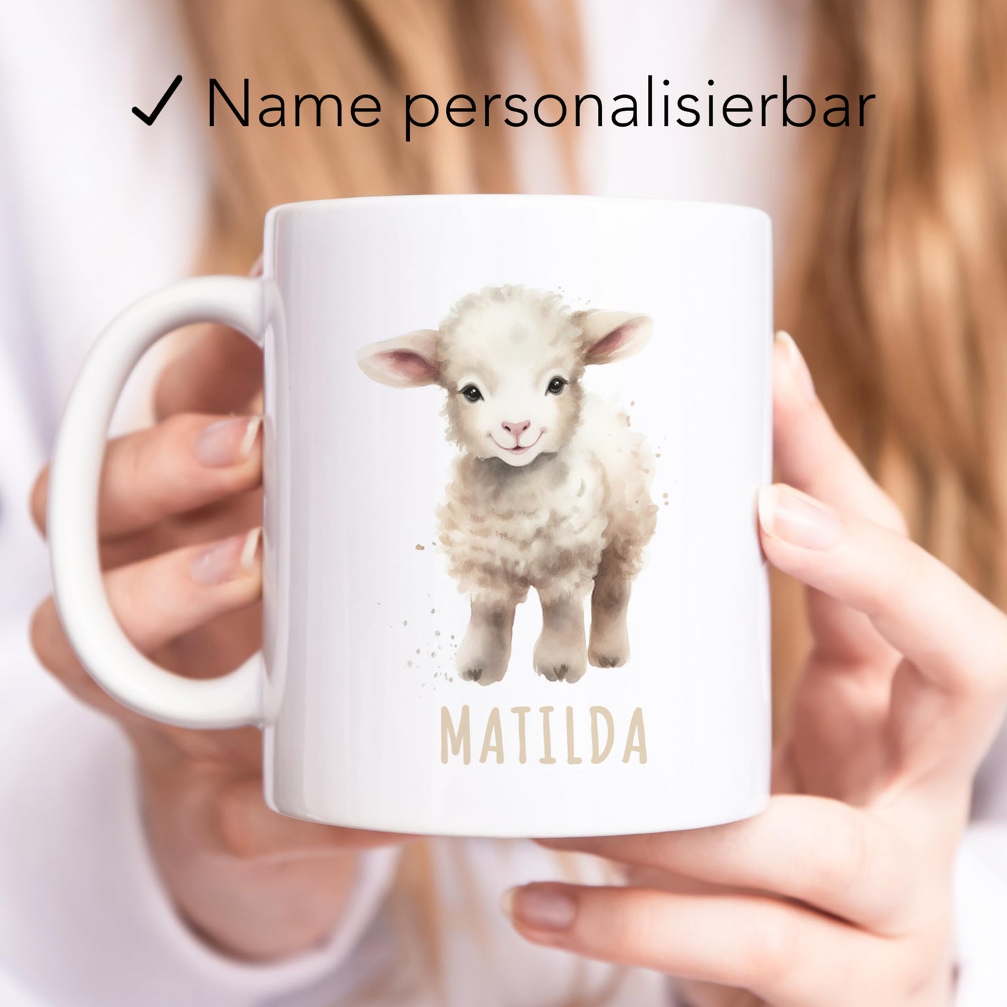 Schaf Tasse personalisierte Kindertasse mit Namen Schaftasse Namenstasse süßes Kinder Geschenk für Jungen & Mädchen Kaffeetasse Teetasse aus Keramik 330 ml