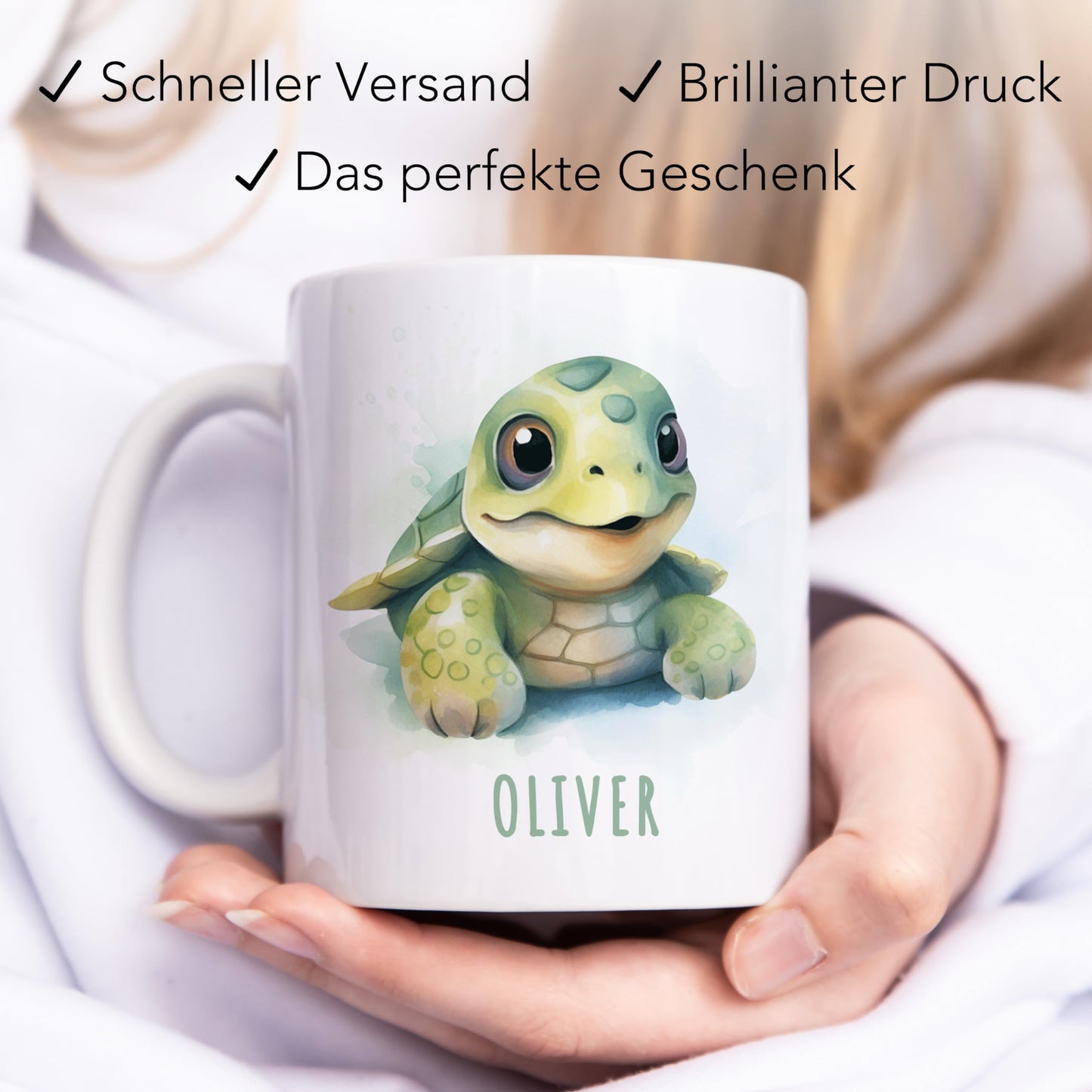 Schildkröte Tasse personalisierte Kindertasse mit Namen Schildkrötentasse Namenstasse süßes Kinder Geschenk für Jungen & Mädchen Kaffeetasse Teetasse aus Keramik 330 ml