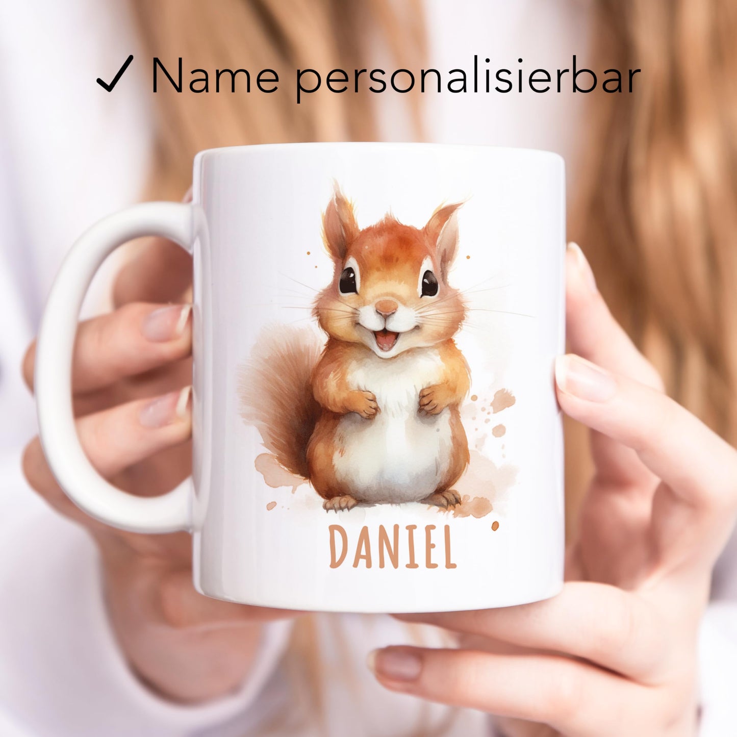 Eichhörnchen Tasse personalisierte Kindertasse mit Namen Eichhörnchentasse Namenstasse süßes Kinder Geschenk für Jungen & Mädchen Kaffeetasse Teetasse aus Keramik 330 ml