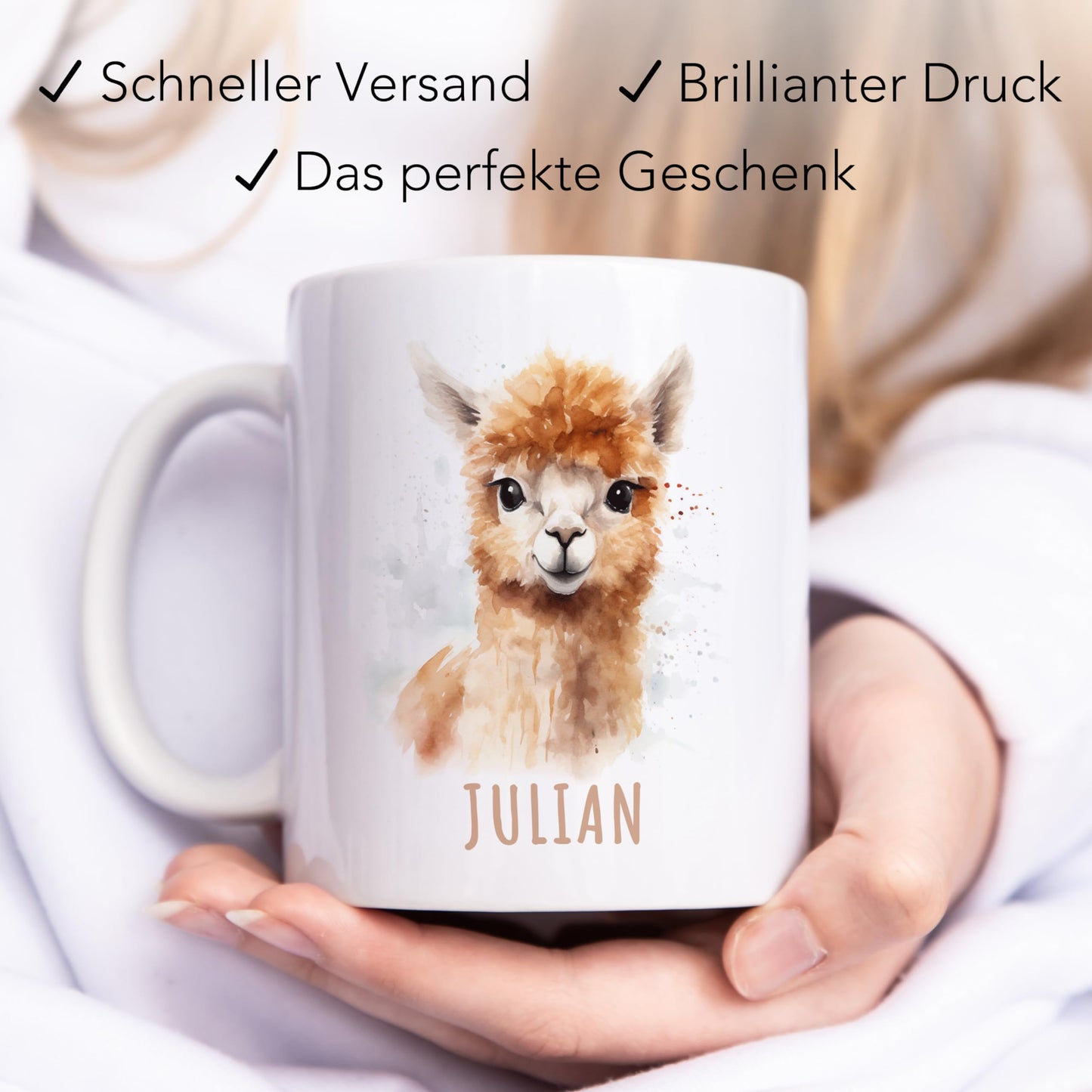 Alpaka Tasse personalisierte Kindertasse mit Namen Alpakatasse Namenstasse süßes Kinder Geschenk für Jungen & Mädchen Kaffeetasse Teetasse aus Keramik 330 ml