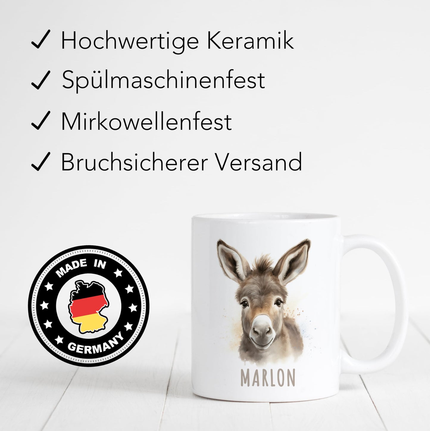 Esel Tasse personalisierte Kindertasse mit Namen Eseltasse Namenstasse süßes Kinder Geschenk für Jungen & Mädchen Kaffeetasse Teetasse aus Keramik 330 ml