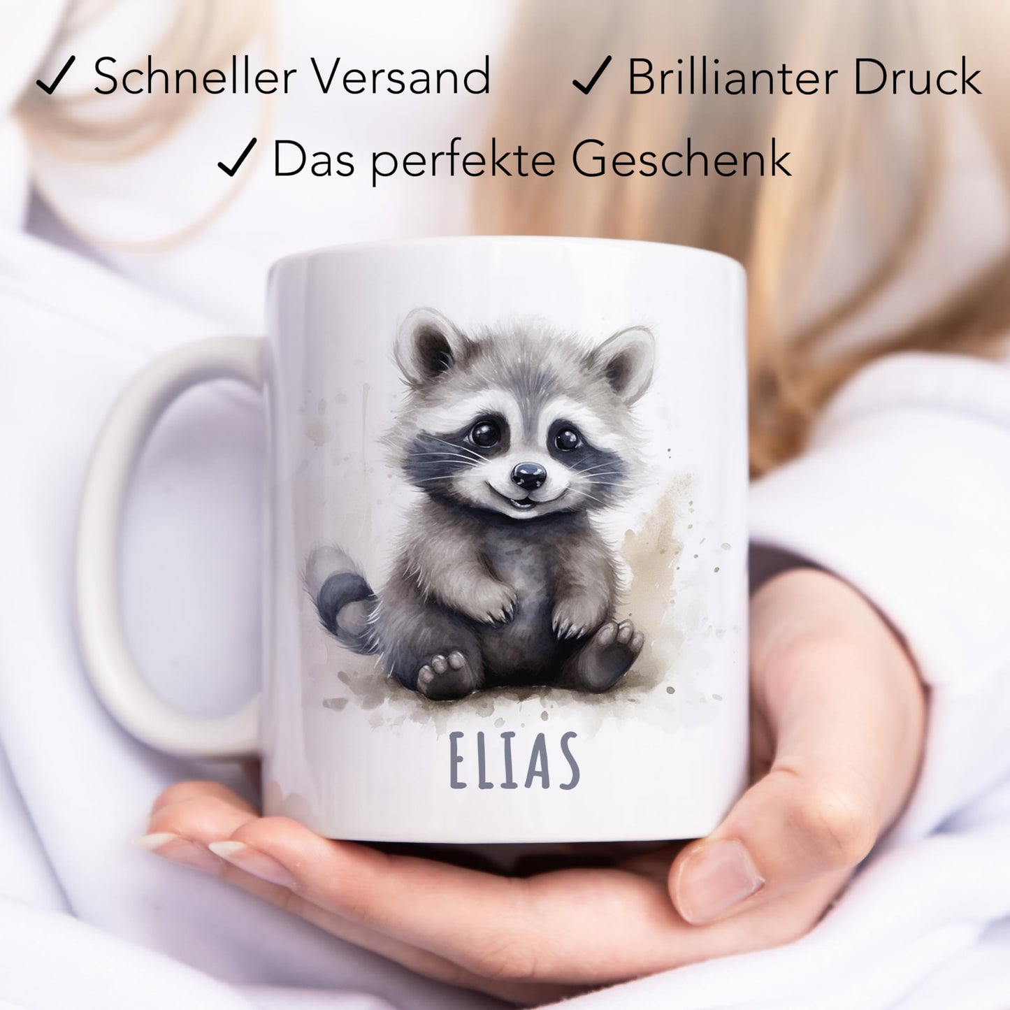 Waschbär Tasse personalisierte Kindertasse mit Namen Waschbärtasse Namenstasse süßes Kinder Geschenk für Jungen & Mädchen Kaffeetasse Teetasse aus Keramik 330 ml (Waschbär)