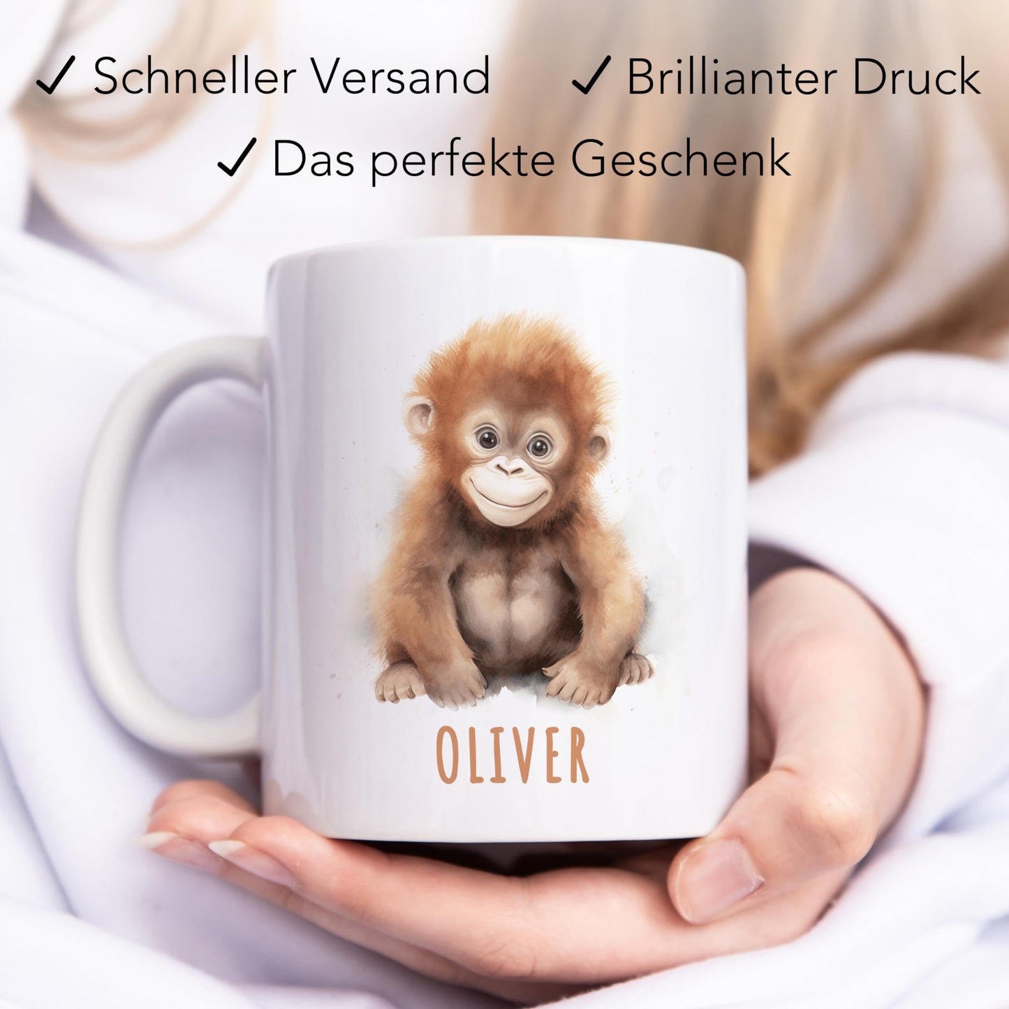 Affe Tasse personalisierte Kindertasse mit Namen Affentasse Namenstasse süßes Kinder Geschenk für Jungen & Mädchen Kaffeetasse Teetasse aus Keramik 330 ml