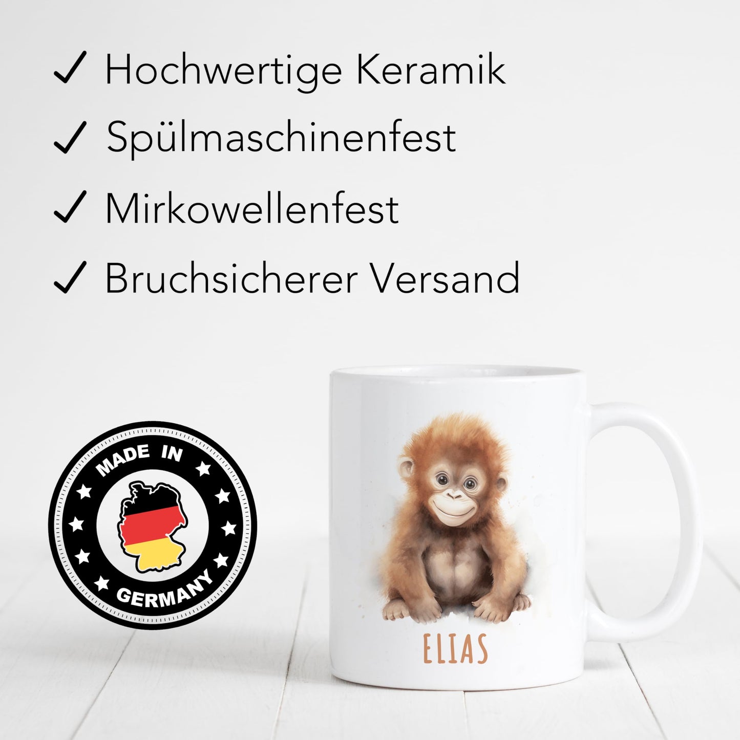 Affe Tasse personalisierte Kindertasse mit Namen Affentasse Namenstasse süßes Kinder Geschenk für Jungen & Mädchen Kaffeetasse Teetasse aus Keramik 330 ml