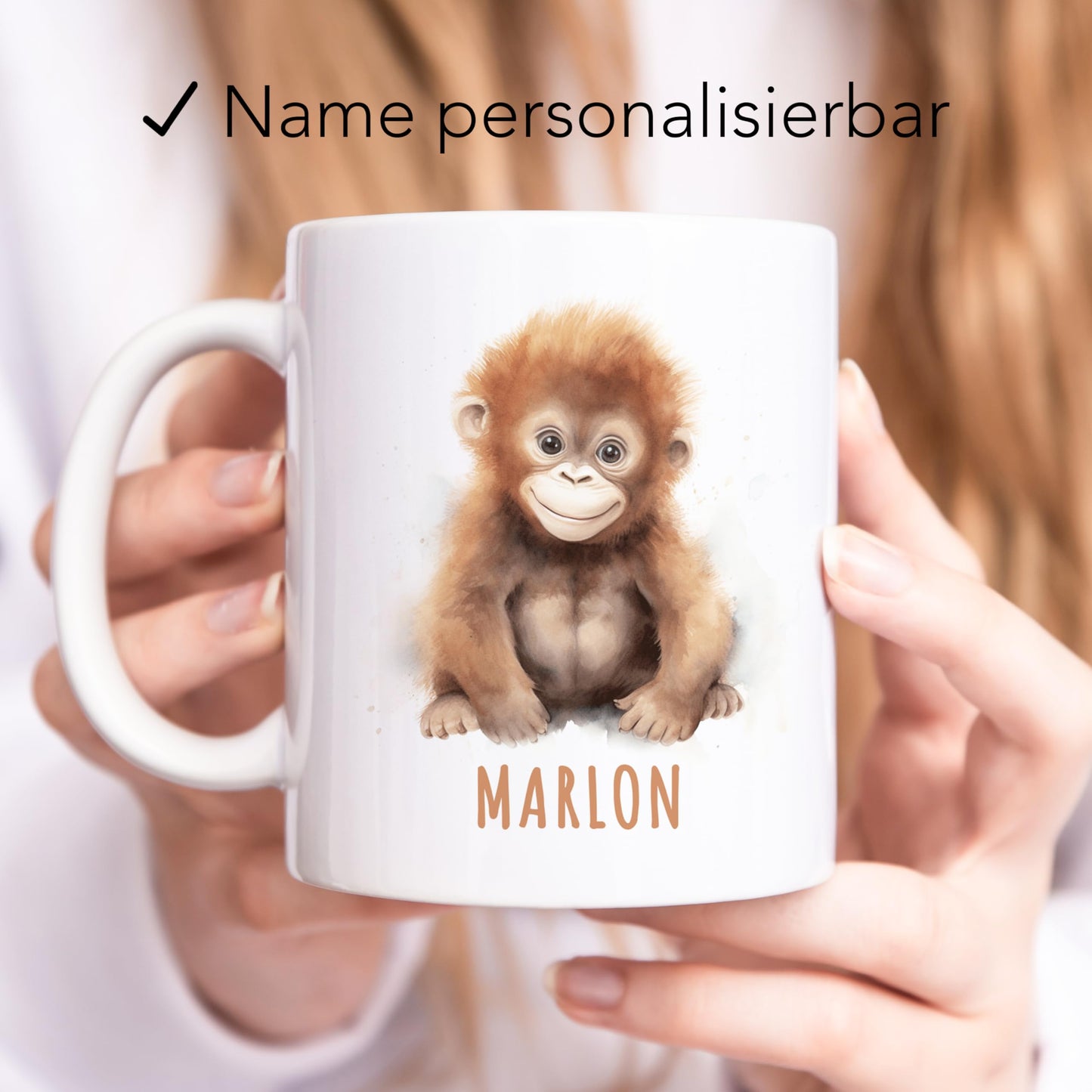 Affe Tasse personalisierte Kindertasse mit Namen Affentasse Namenstasse süßes Kinder Geschenk für Jungen & Mädchen Kaffeetasse Teetasse aus Keramik 330 ml