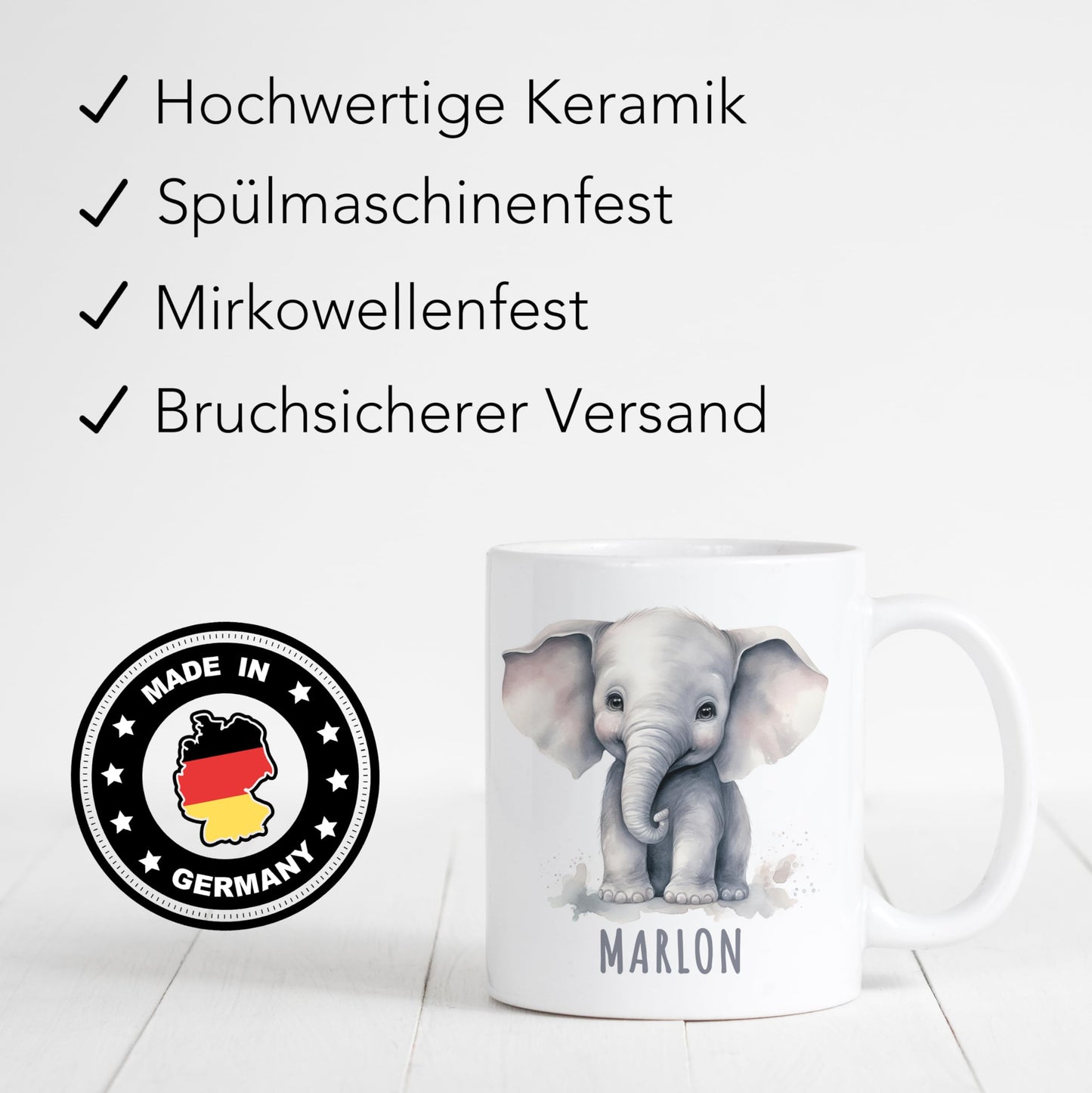 Elefant Tasse personalisierte Kindertasse mit Namen Elefantentasse Namenstasse süßes Kinder Geschenk für Jungen & Mädchen Kaffeetasse Teetasse aus Keramik 330 ml (Elefant)