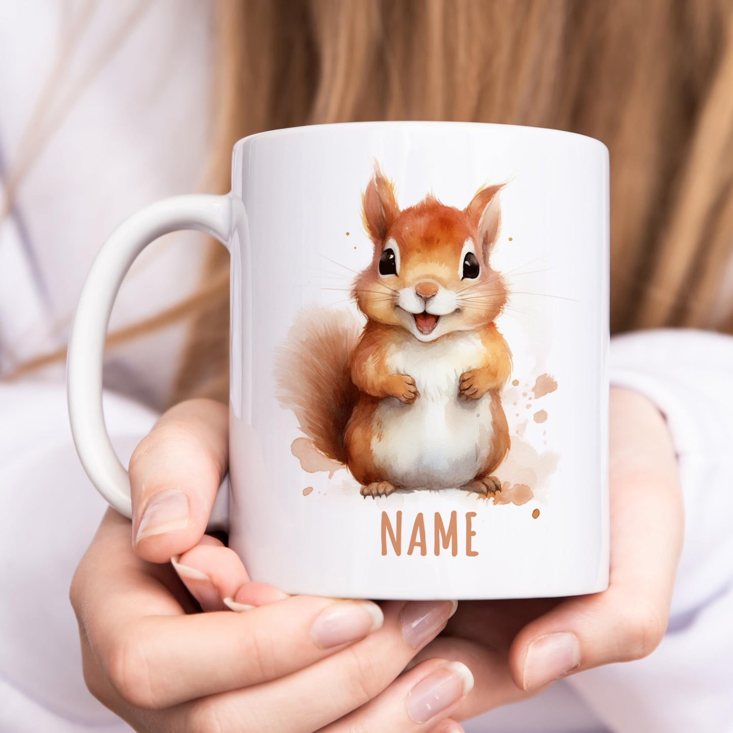 Eichhörnchen Tasse personalisierte Kindertasse mit Namen Eichhörnchentasse Namenstasse süßes Kinder Geschenk für Jungen & Mädchen Kaffeetasse Teetasse aus Keramik 330 ml