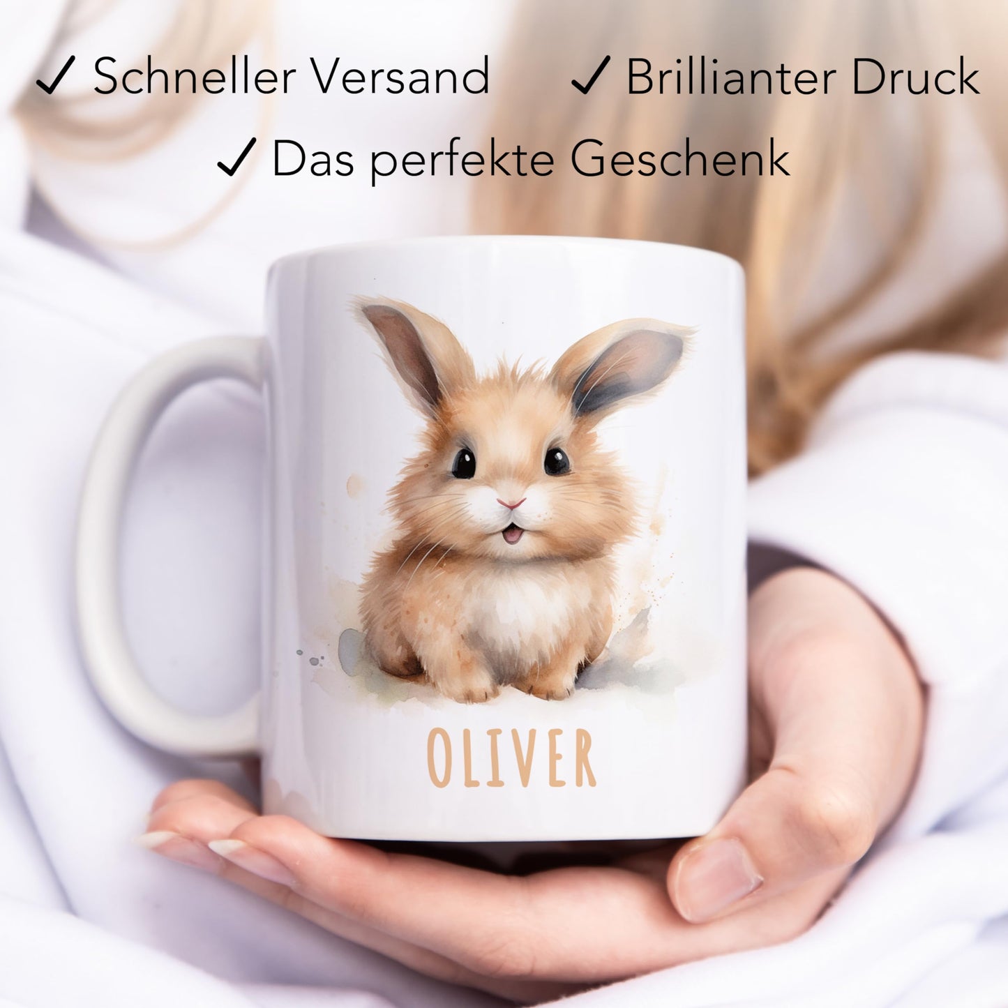 Hase Tasse personalisierte Kindertasse mit Namen Hasentasse Namenstasse süßes Kinder Geschenk für Jungen & Mädchen Kaffeetasse Teetasse aus Keramik 330 ml