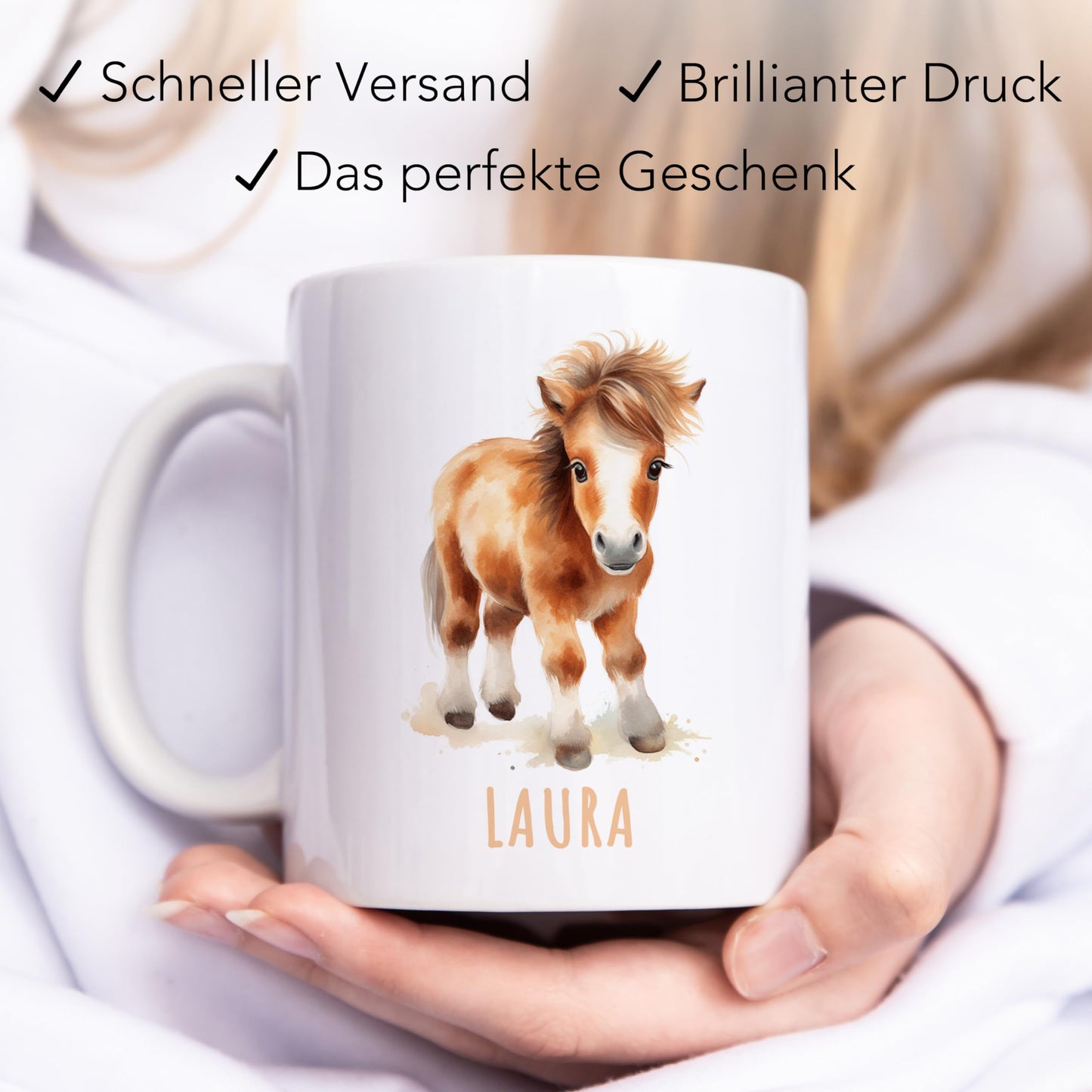 Pferd Tasse personalisierte Kindertasse mit Namen Pferdetasse Namenstasse süßes Kinder Geschenk für Jungen & Mädchen Kaffeetasse Teetasse aus Keramik 330 ml