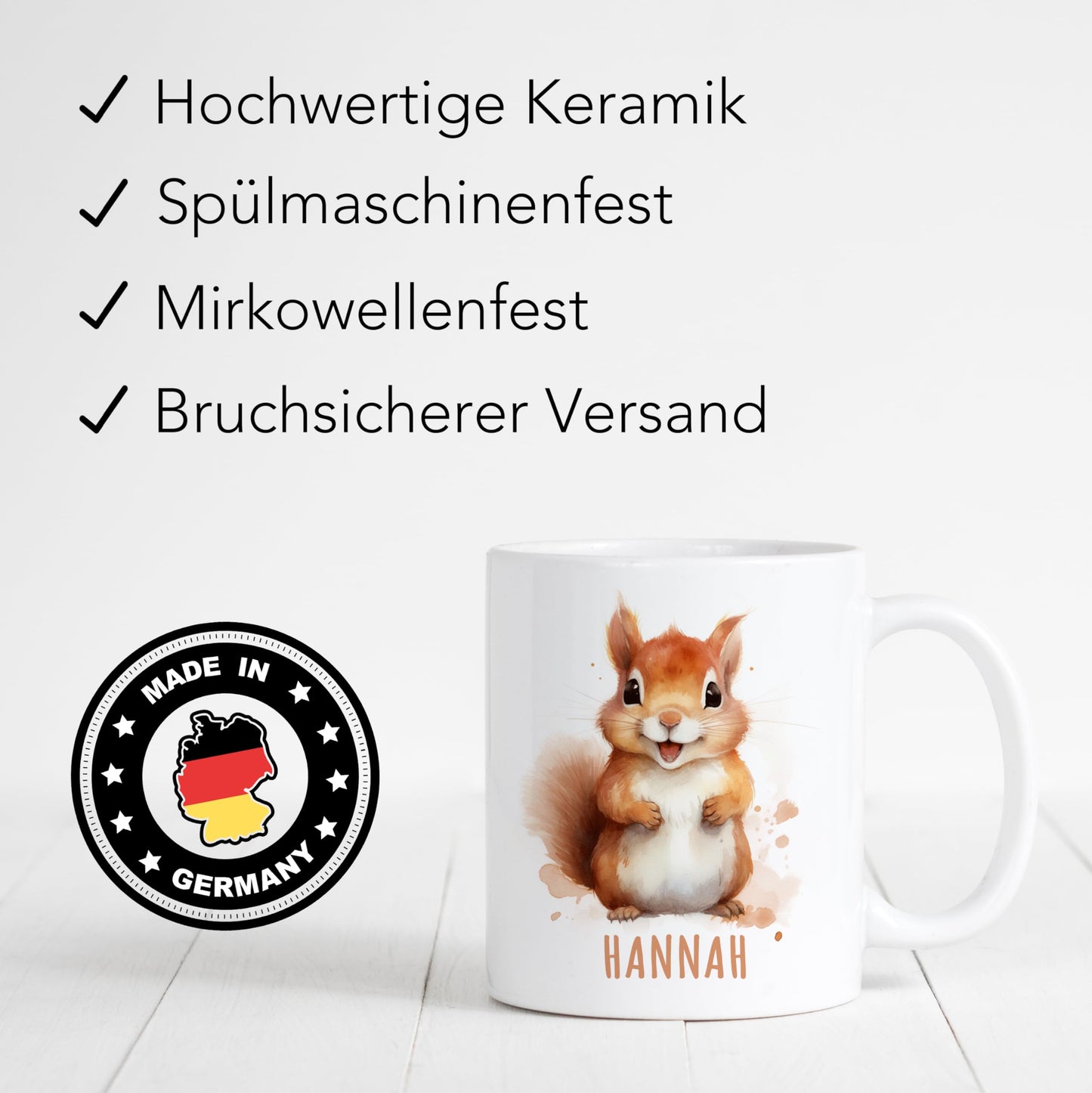 Eichhörnchen Tasse personalisierte Kindertasse mit Namen Eichhörnchentasse Namenstasse süßes Kinder Geschenk für Jungen & Mädchen Kaffeetasse Teetasse aus Keramik 330 ml