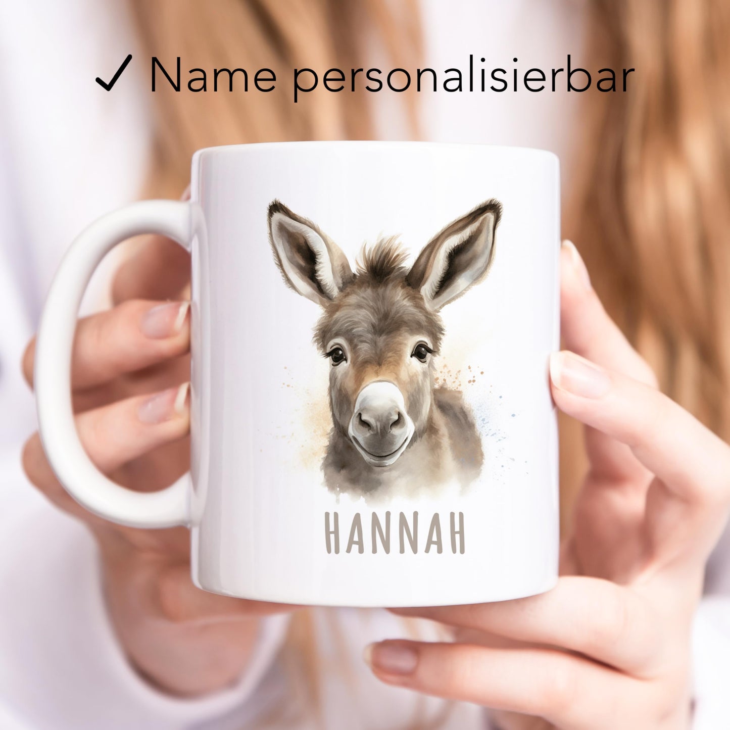 Esel Tasse personalisierte Kindertasse mit Namen Eseltasse Namenstasse süßes Kinder Geschenk für Jungen & Mädchen Kaffeetasse Teetasse aus Keramik 330 ml