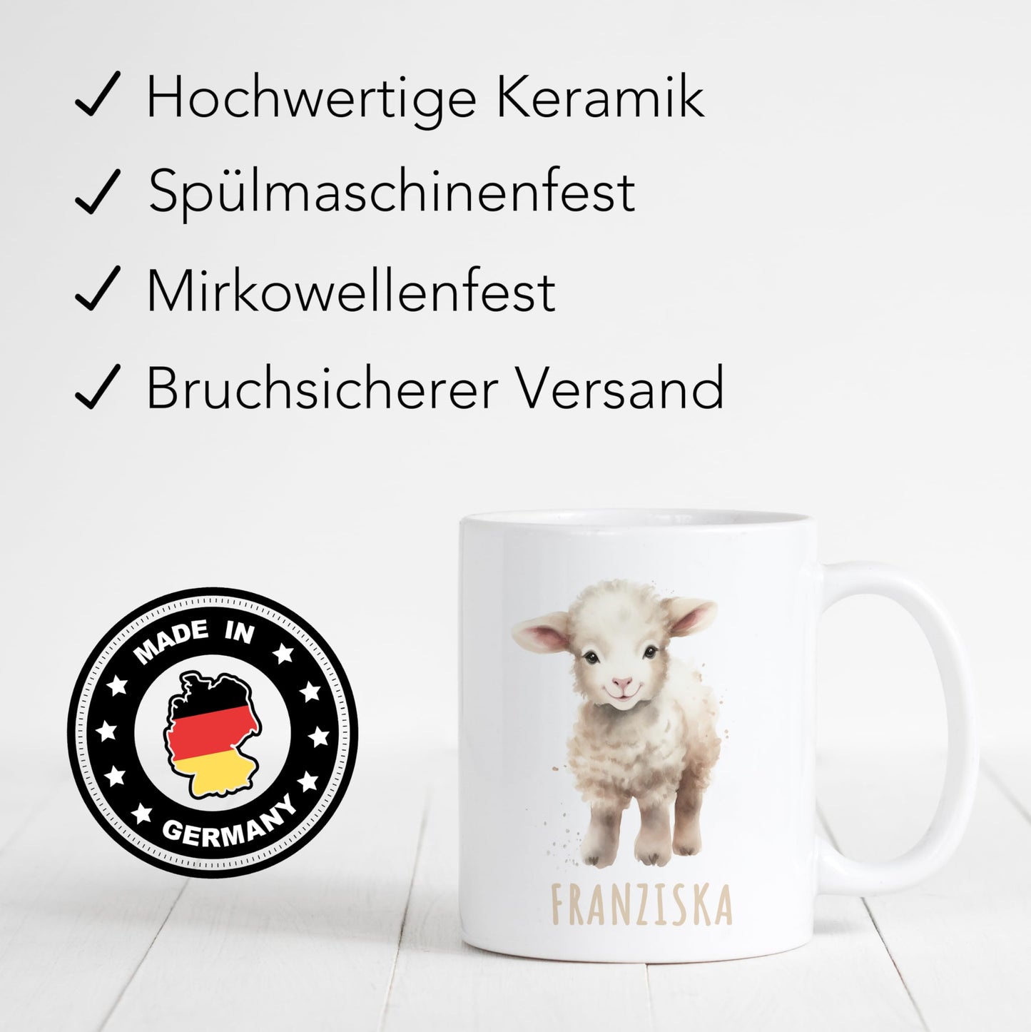 Schaf Tasse personalisierte Kindertasse mit Namen Schaftasse Namenstasse süßes Kinder Geschenk für Jungen & Mädchen Kaffeetasse Teetasse aus Keramik 330 ml