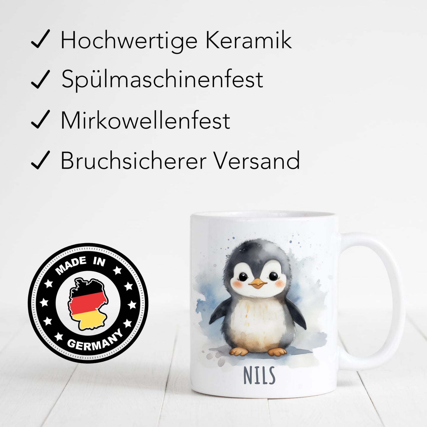 Pinguin Tasse personalisierte Kindertasse mit Namen Pinguintasse Namenstasse süßes Kinder Geschenk für Jungen & Mädchen Kaffeetasse Teetasse aus Keramik 330 ml