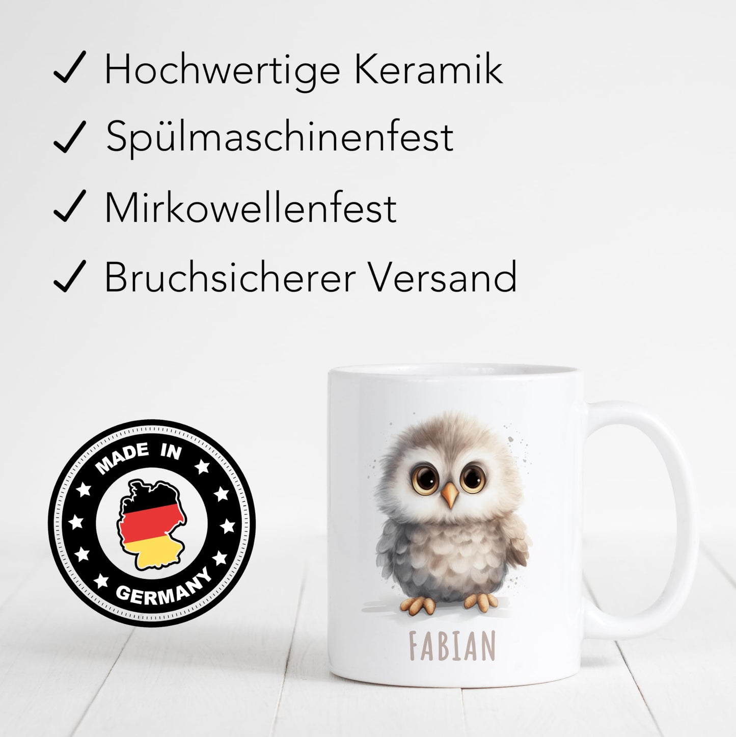 Eule Tasse personalisierte Kindertasse mit Namen Euletasse Namenstasse süßes Kinder Geschenk für Jungen & Mädchen Kaffeetasse Teetasse aus Keramik 330 ml