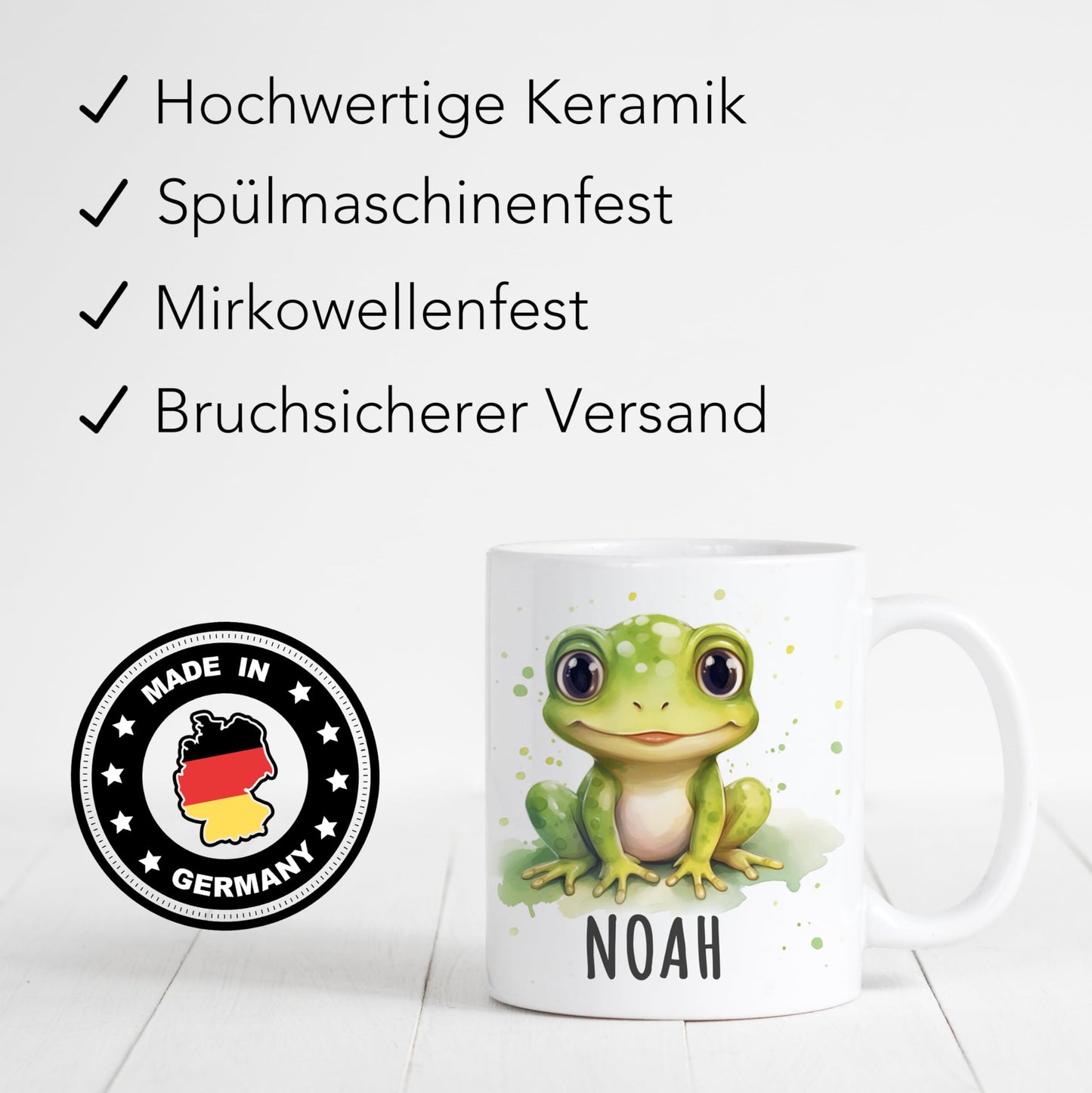 Frosch Tasse personalisierte Kindertasse mit Namen Froschtasse Namenstasse süßes Kinder Geschenk für Jungen & Mädchen Kaffeetasse Teetasse aus Keramik 330 ml