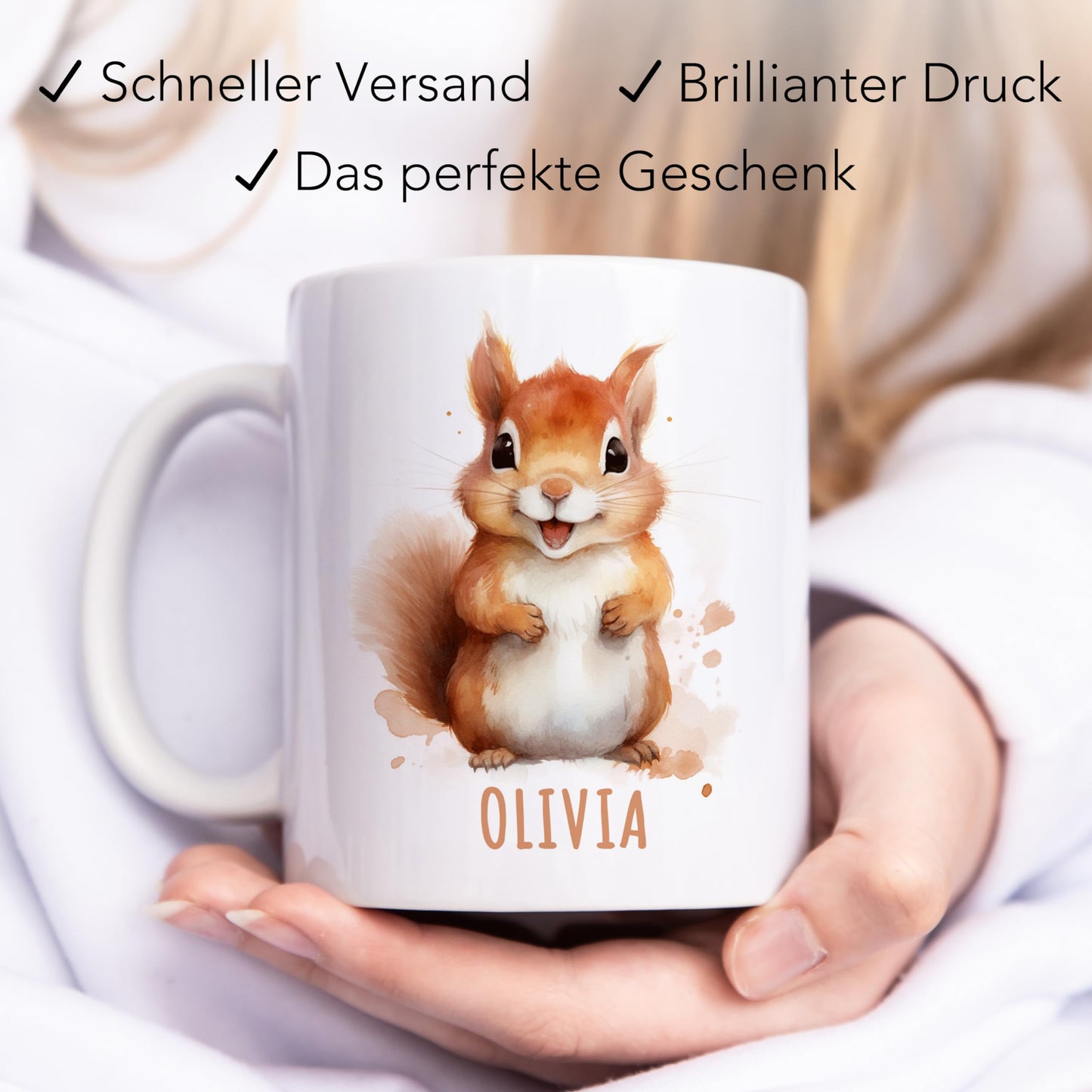 Eichhörnchen Tasse personalisierte Kindertasse mit Namen Eichhörnchentasse Namenstasse süßes Kinder Geschenk für Jungen & Mädchen Kaffeetasse Teetasse aus Keramik 330 ml