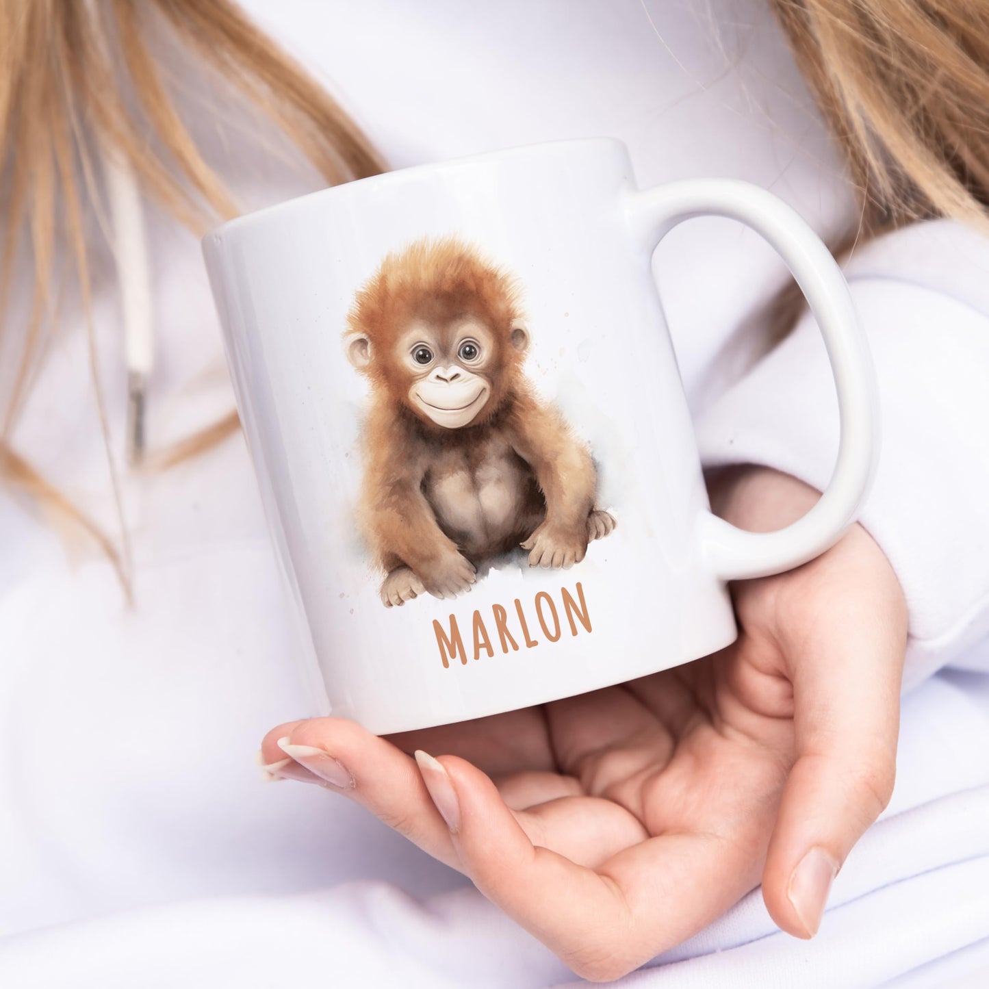 Affe Tasse personalisierte Kindertasse mit Namen Affentasse Namenstasse süßes Kinder Geschenk für Jungen & Mädchen Kaffeetasse Teetasse aus Keramik 330 ml