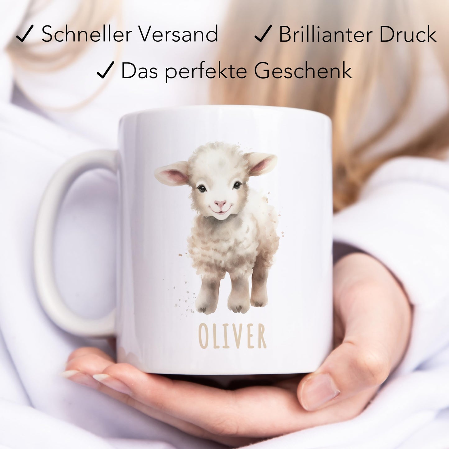 Schaf Tasse personalisierte Kindertasse mit Namen Schaftasse Namenstasse süßes Kinder Geschenk für Jungen & Mädchen Kaffeetasse Teetasse aus Keramik 330 ml