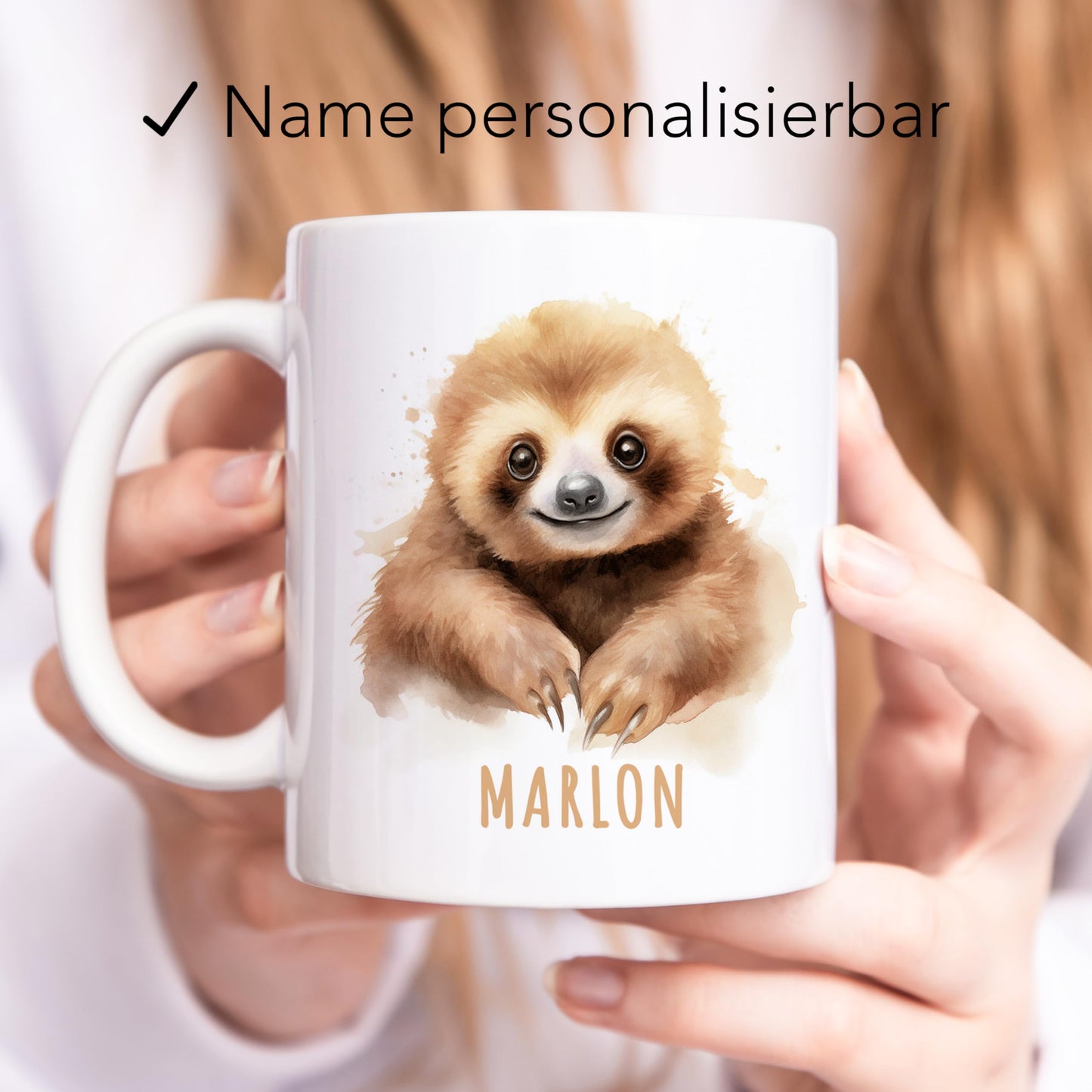 Faultier Tasse personalisierte Kindertasse mit Namen Faultiertasse Namenstasse süßes Kinder Geschenk für Jungen & Mädchen Kaffeetasse Teetasse aus Keramik 330 ml
