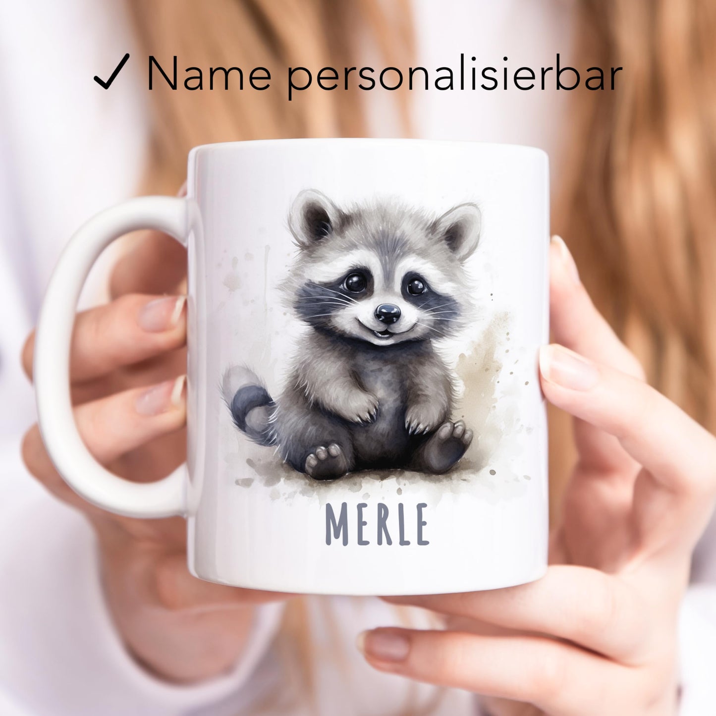 Waschbär Tasse personalisierte Kindertasse mit Namen Waschbärtasse Namenstasse süßes Kinder Geschenk für Jungen & Mädchen Kaffeetasse Teetasse aus Keramik 330 ml (Waschbär)