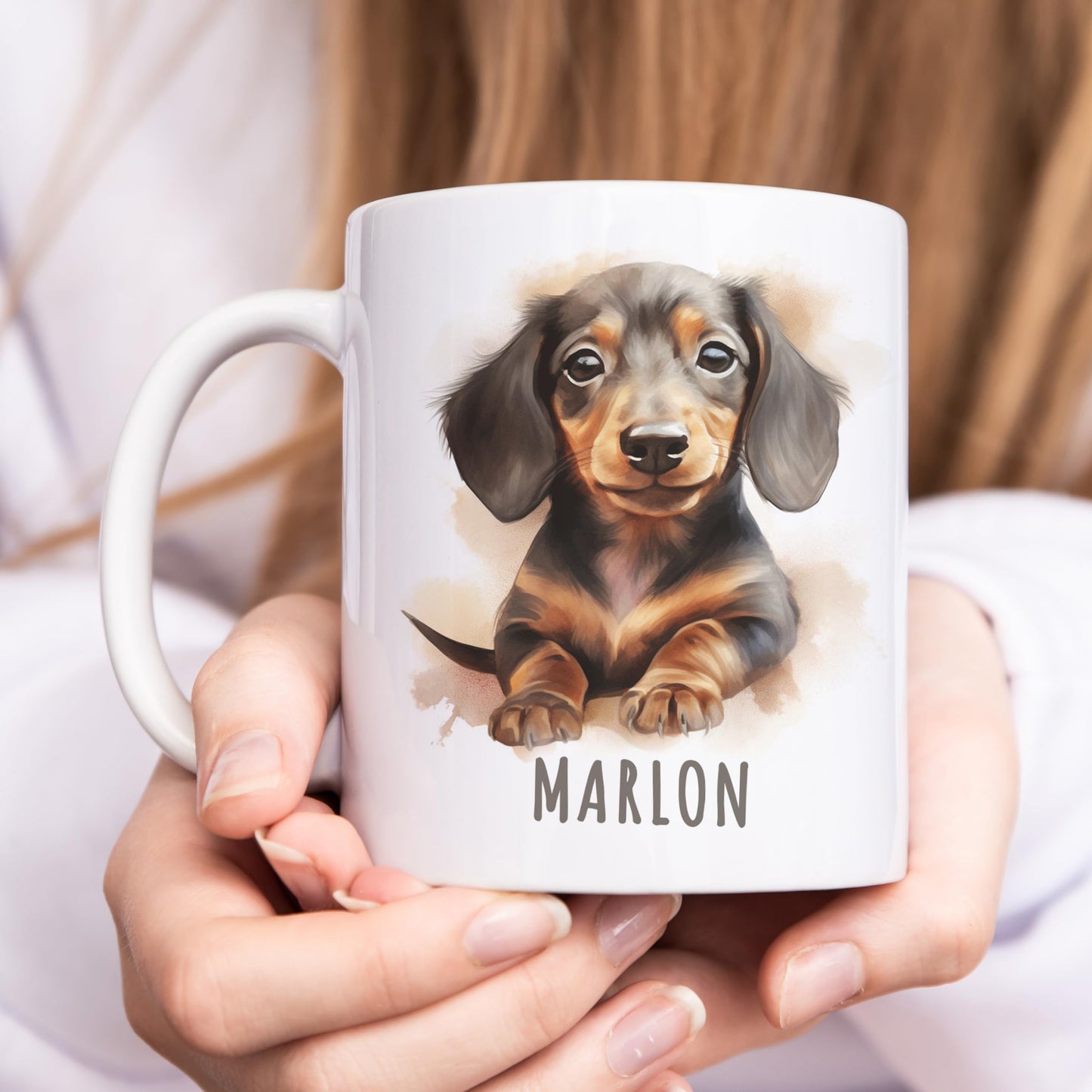 Dackel Tasse Hund personalisierte Kindertasse mit Namen Alpakatasse Namenstasse süßes Kinder Geschenk für Jungen & Mädchen Kaffeetasse Teetasse aus Keramik 330 ml (Dackel)