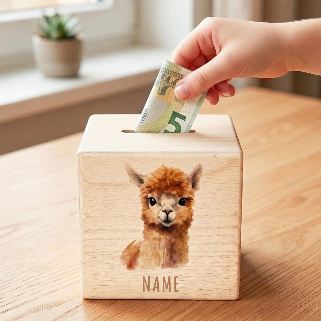 Alpaka Spardose für Kinder personalisiert Sparbox aus Holz Sparschwein mit Schlüssel Taufgeschenk für Jungen und Mädchen