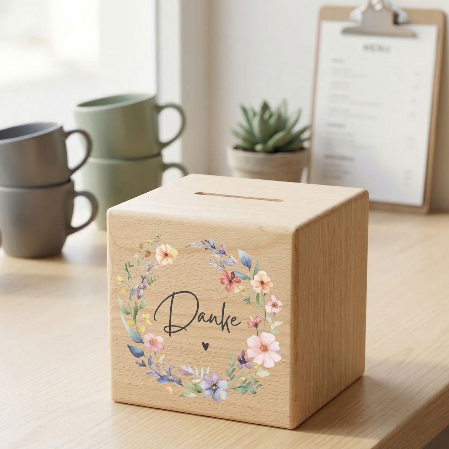 Danke Trinkgeldkasse mit Wildblumen Spardose aus Holz als Kaffeekasse