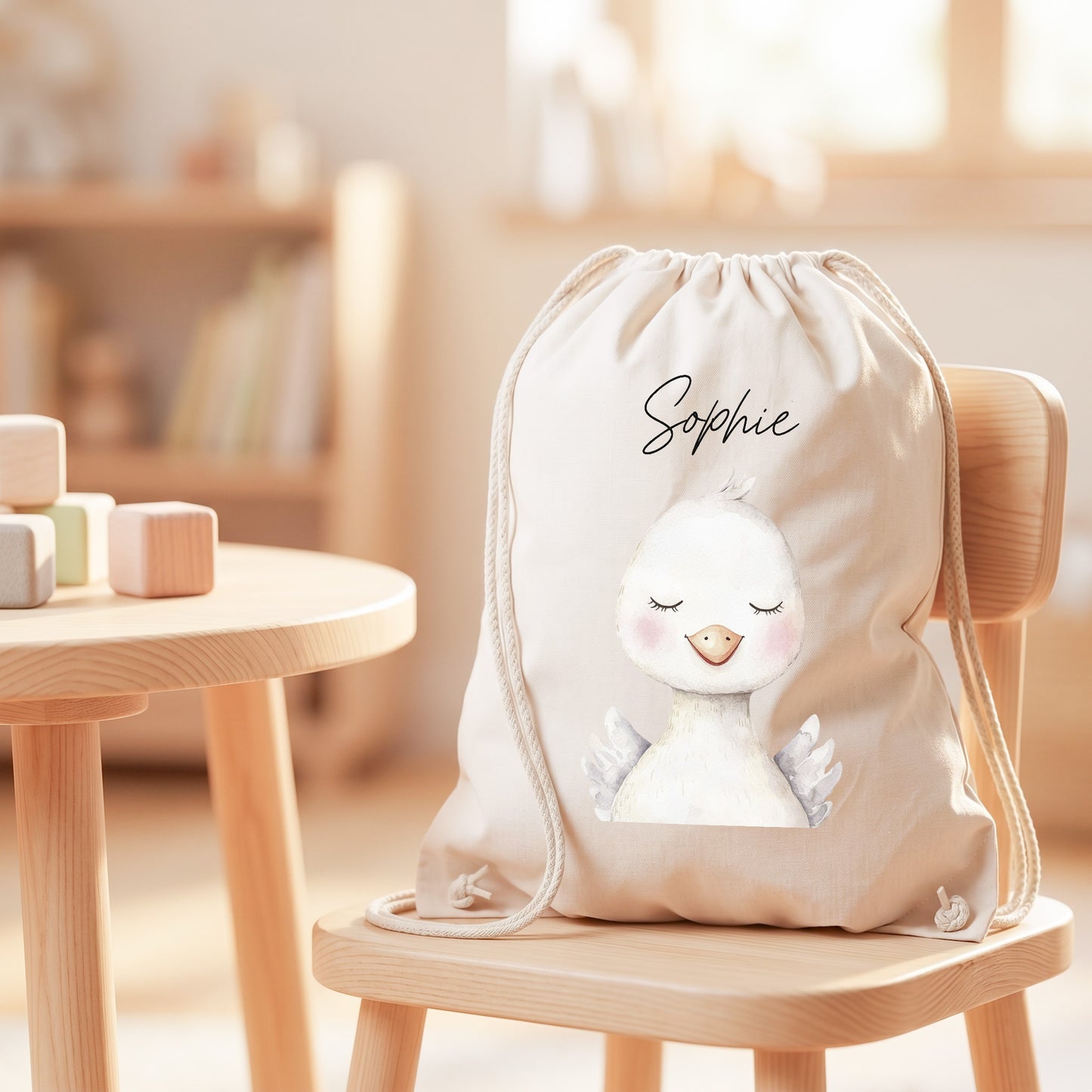 Gans Turnbeutel Kinder personalisierter Sportbeutel für Kindergarten & Kita Stoffbeutel mit Kordelzug