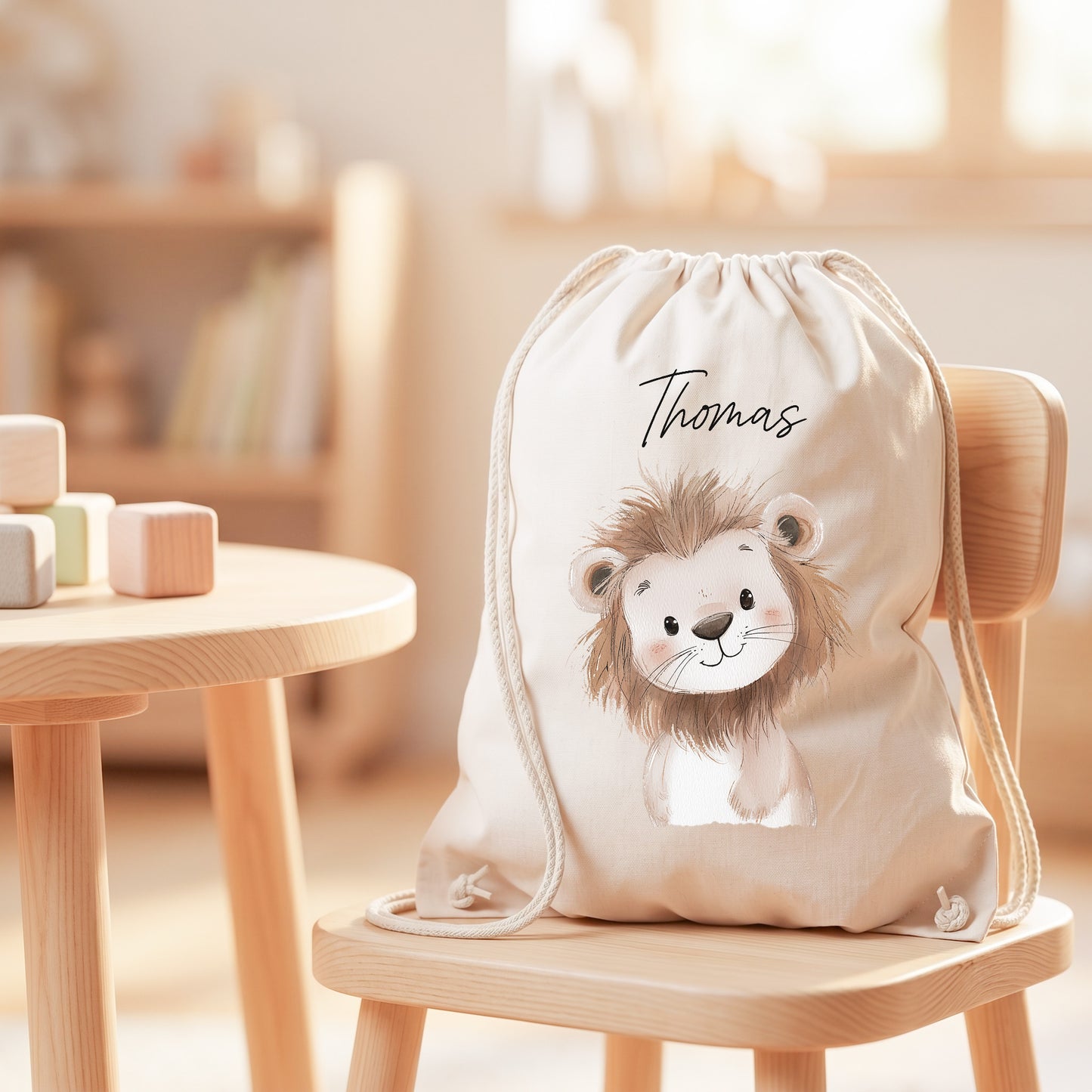 Löwe Turnbeutel für Kinder personalisierter Sportbeutel für den Kindergarten Stoffbeutel mit Kordelzug