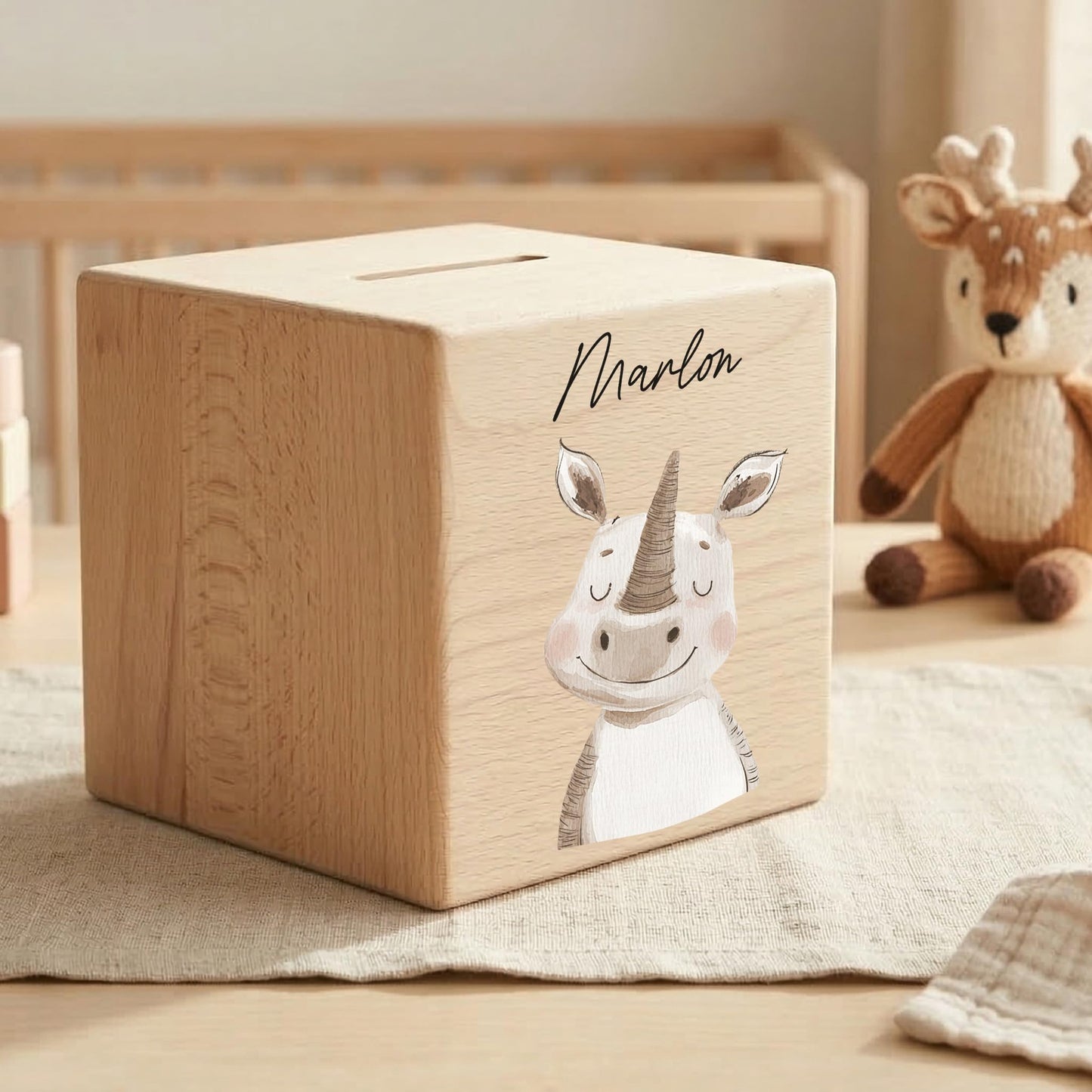 Spardose für Kinder Nashorn personalisiert Safari Tiere Sparbox aus Holz Sparschwein mit Schlüssel Taufgeschenk für Jungen & Mädchen