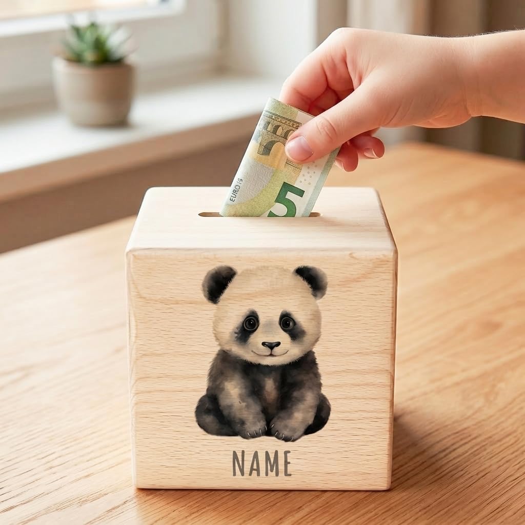 Panda Spardose für Kinder personalisiert Sparbox aus Holz Sparschwein mit Schlüssel Taufgeschenk für Jungen und Mädchen