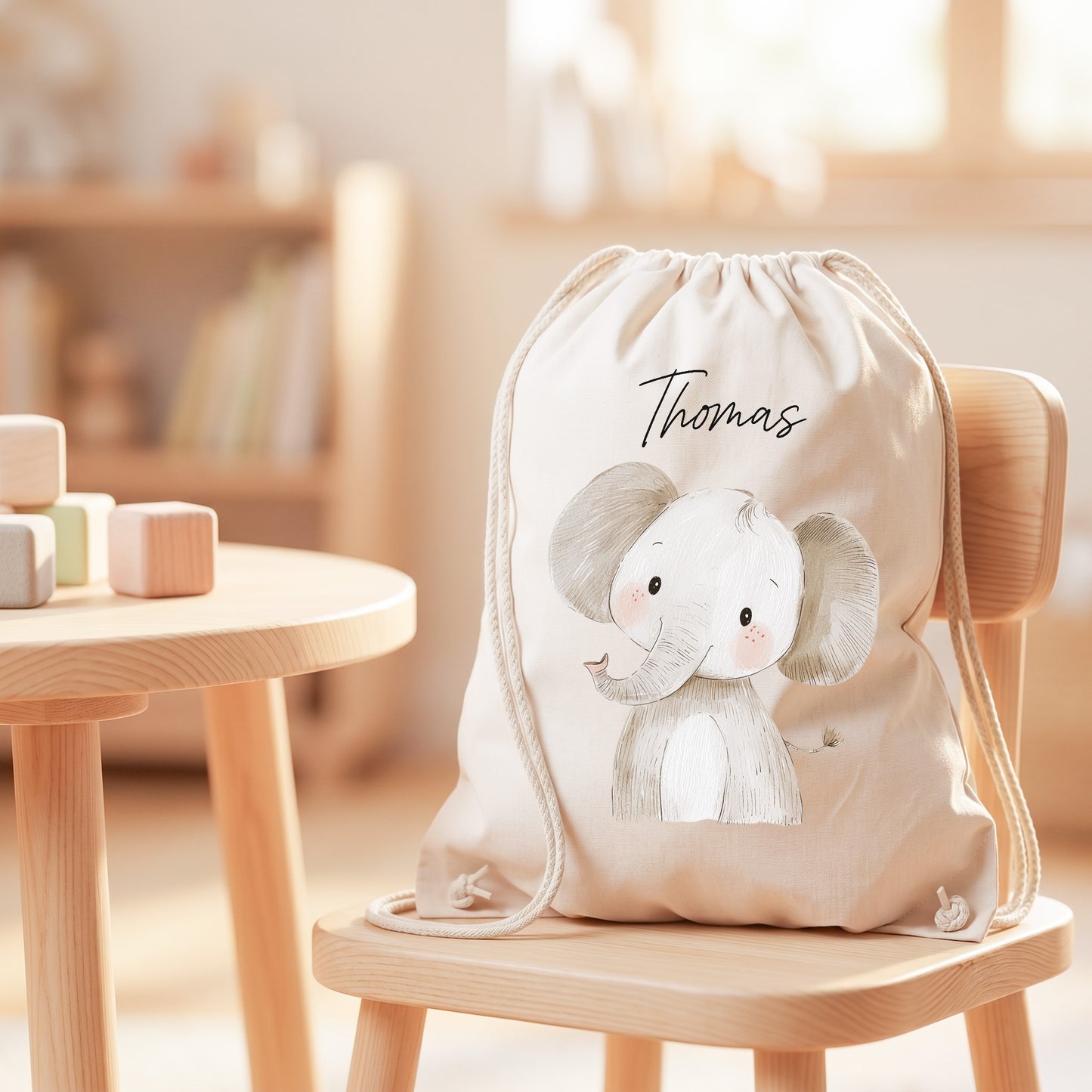 Elefant Turnbeutel für Kinder personalisierter Sportbeutel für den Kindergarten Stoffbeutel mit Kordelzug