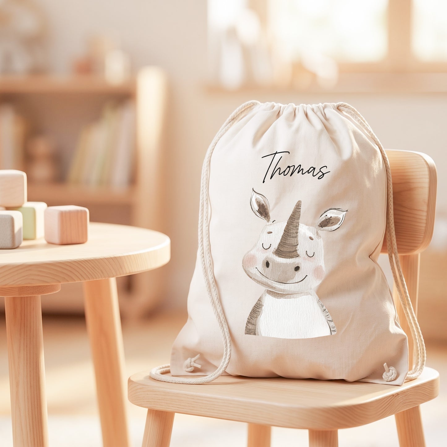 Nashorn Turnbeutel für Kinder personalisierter Sportbeutel für den Kindergarten Stoffbeutel mit Kordelzug