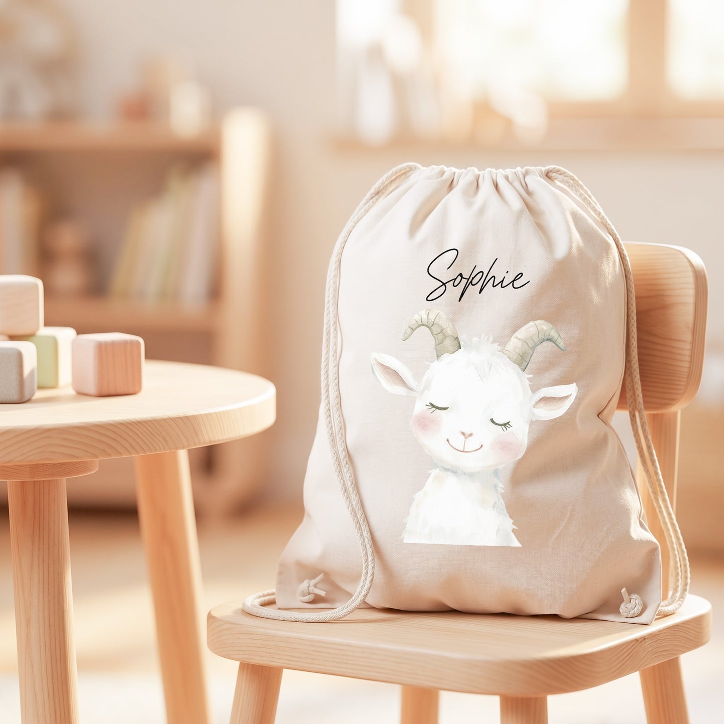 Ziege Turnbeutel Kinder personalisierter Sportbeutel für Kindergarten & Kita Stoffbeutel mit Kordelzug