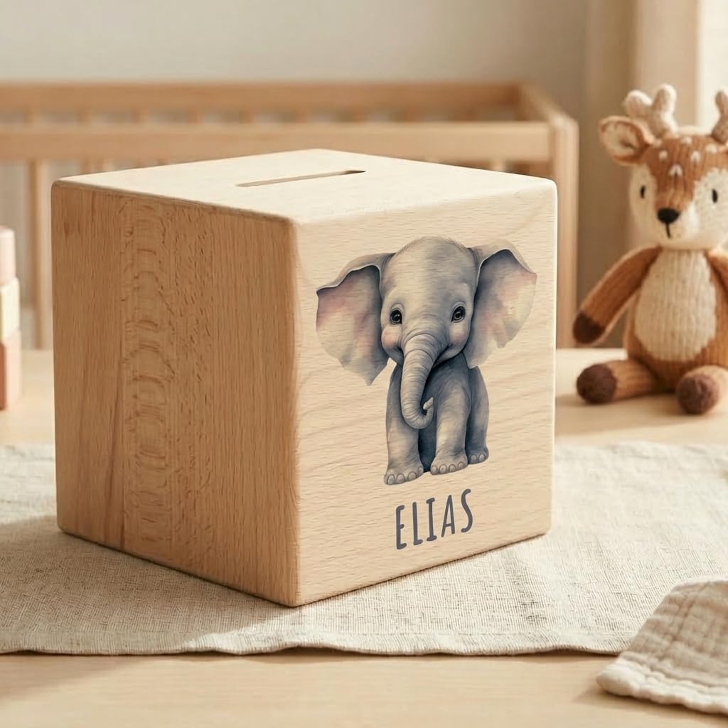 Elefant Spardose für Kinder personalisiert Sparbox aus Holz Sparschwein mit Schlüssel Taufgeschenk für Jungen und Mädchen