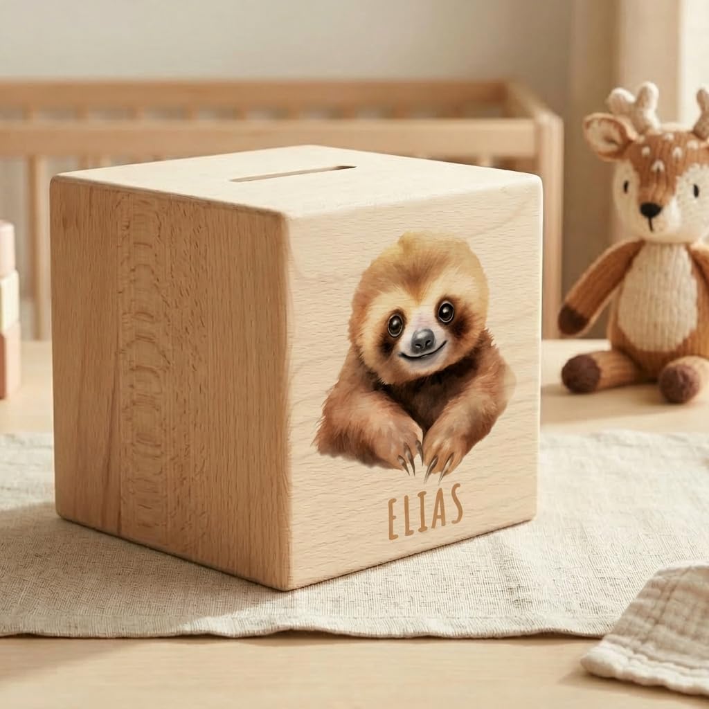 Faultier Spardose für Kinder personalisiert Sparbox aus Holz Sparschwein mit Schlüssel Taufgeschenk für Jungen und Mädchen